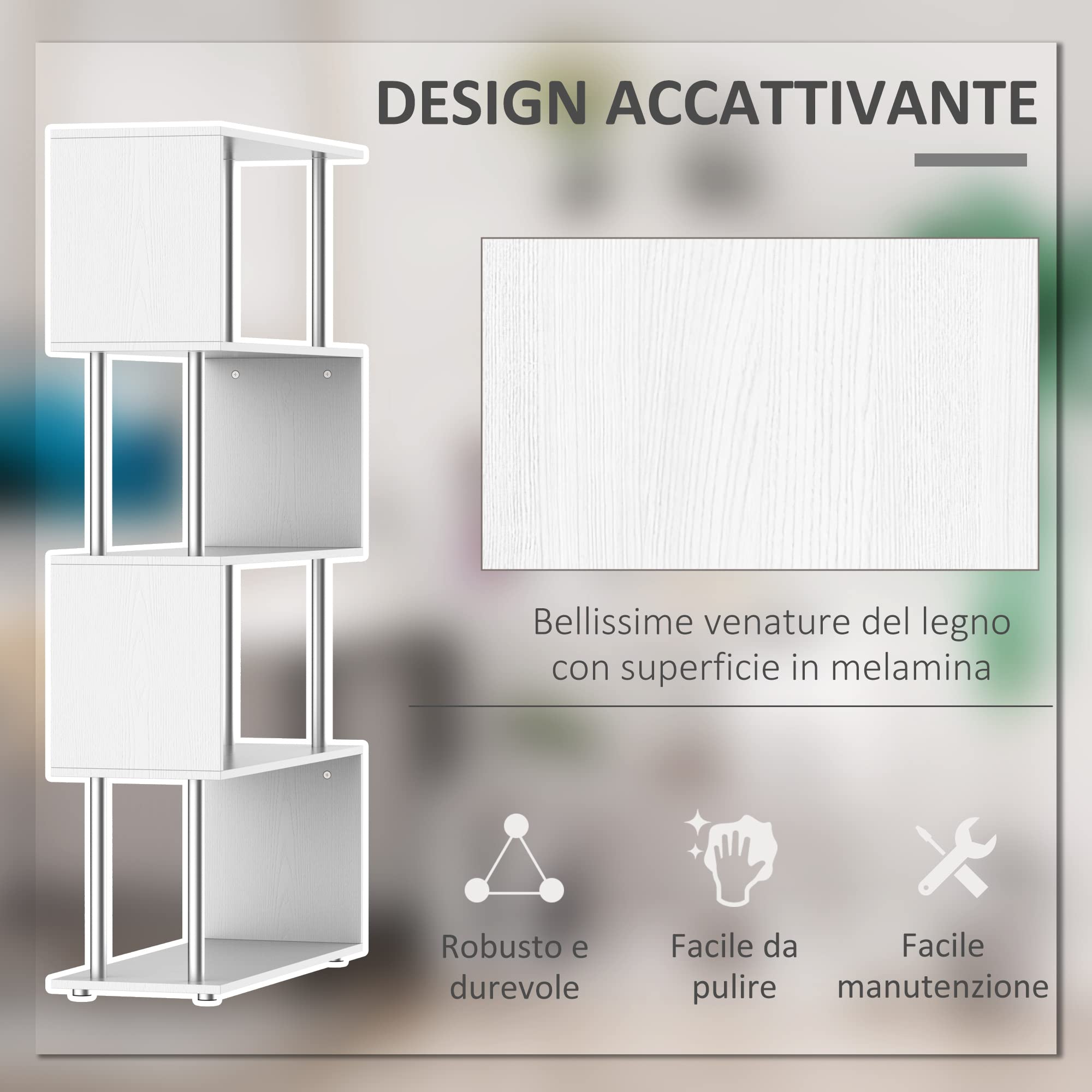HOMCOM Libreria a 4 Ripiani Design Moderno per Soggiorno 80x30x145cm Bianca | in Legno e Metallo, Libreria Scaffale, per Studio, per Ufficio