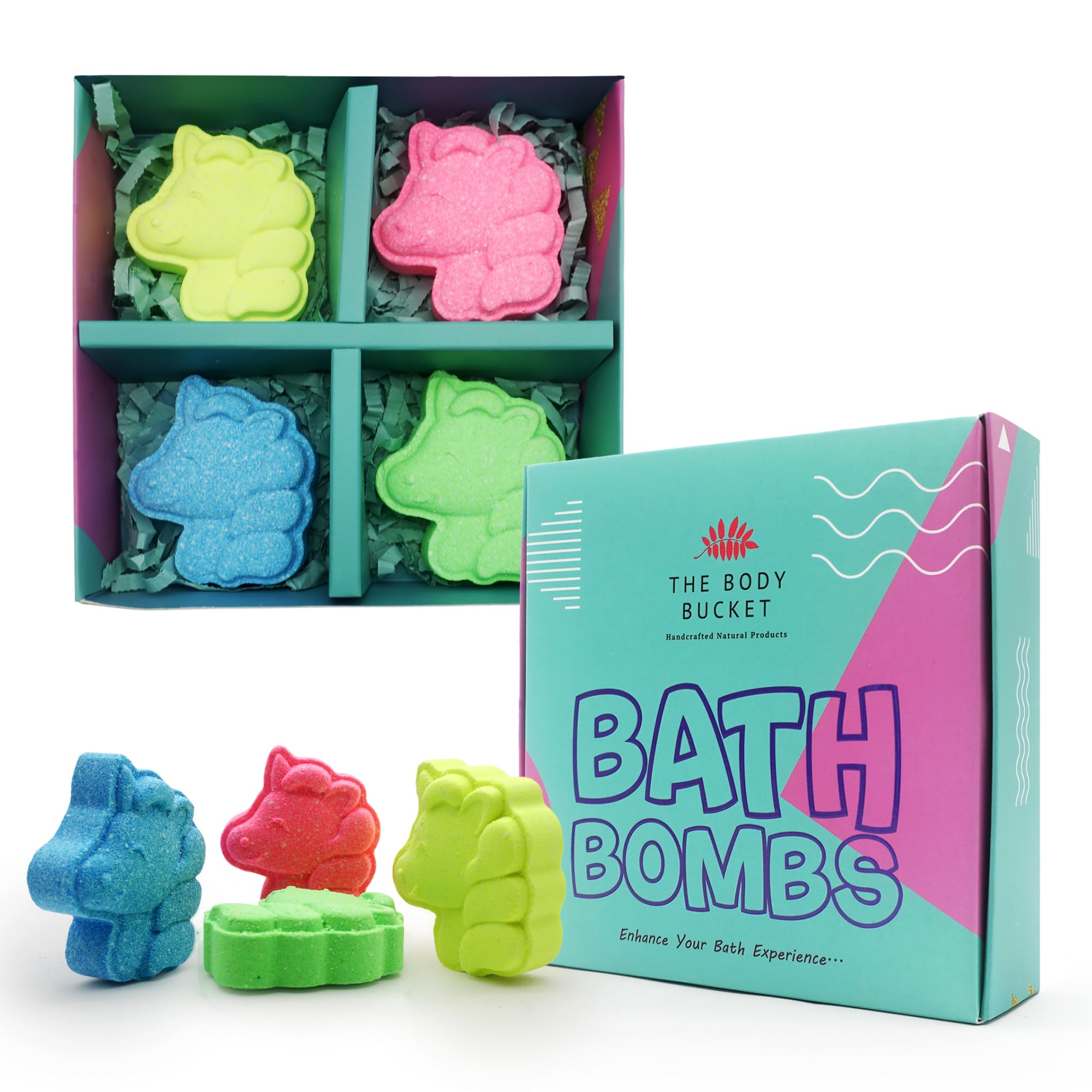 The Body Bucket Unicorn Bath Bombs Gift Set for Kids (Pack of 4) - Handmade Moisturizing Bath Fizzers with Almond Oil & Epsom Salt, Fun Colorful Spa Relaxation & Birthday Gifts for Girls & Boys-image-2