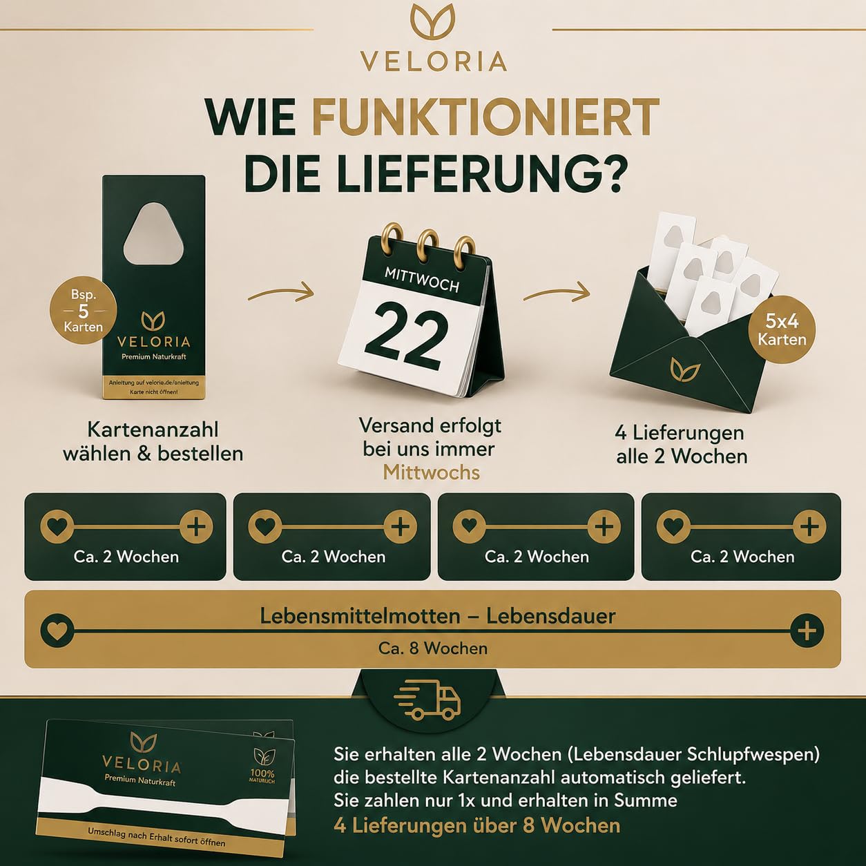 VELORIA Schlupfwespen gegen Kleidermotten - 36 Karten (6 Karten à 6 Lieferungen) - Effektiv Kleider Motten bekämpfen - Alternative zur Mottenfalle, Mottenspray, Pheromonfalle