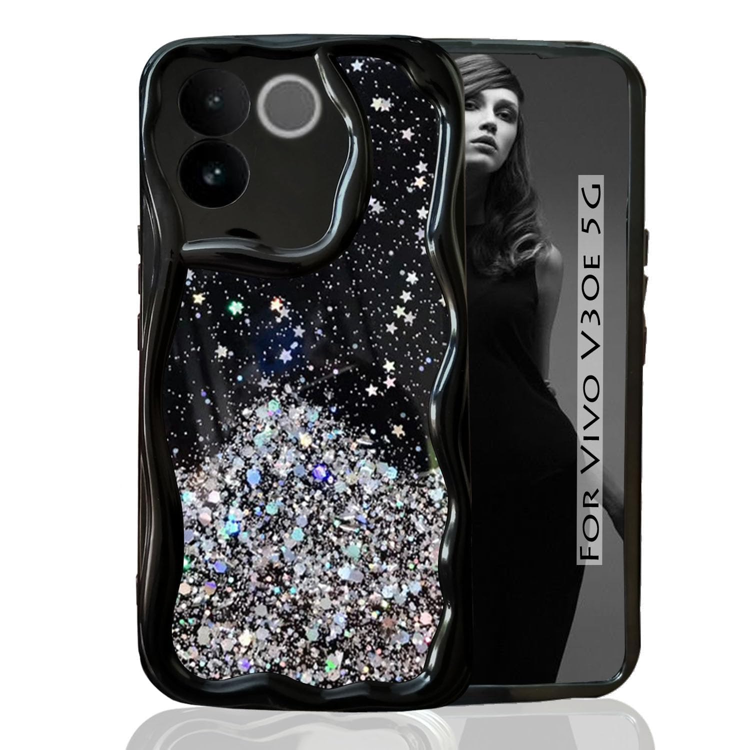 KC Back Cover for Vivo V30e 5G - 3D New Curly Wave Dry Fixed Non Moving Starry Glitter Shockproof Bumper Soft Silicone Case with Camera Protection (Black) (B0D9DF6LVY) Amazon Price History, Amazon Price Tracker