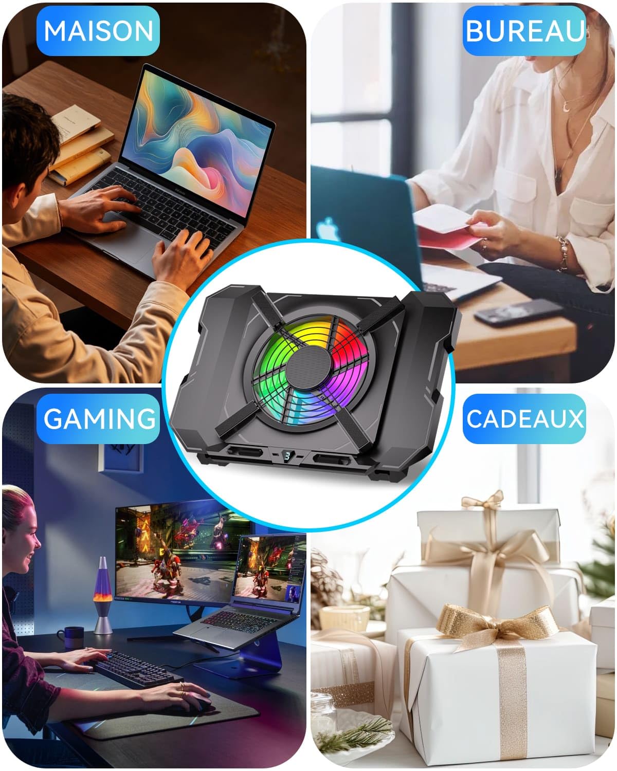 Refroidisseur PC Portable, Support Ventilé Gaming avec Puissant Ventilateur 7,1 Pouces, Lumières RGB & Contrôle à 3 Vitesses & Écran LCD, Support Réglable en Hauteur pour Ordinateurs 12"-21"