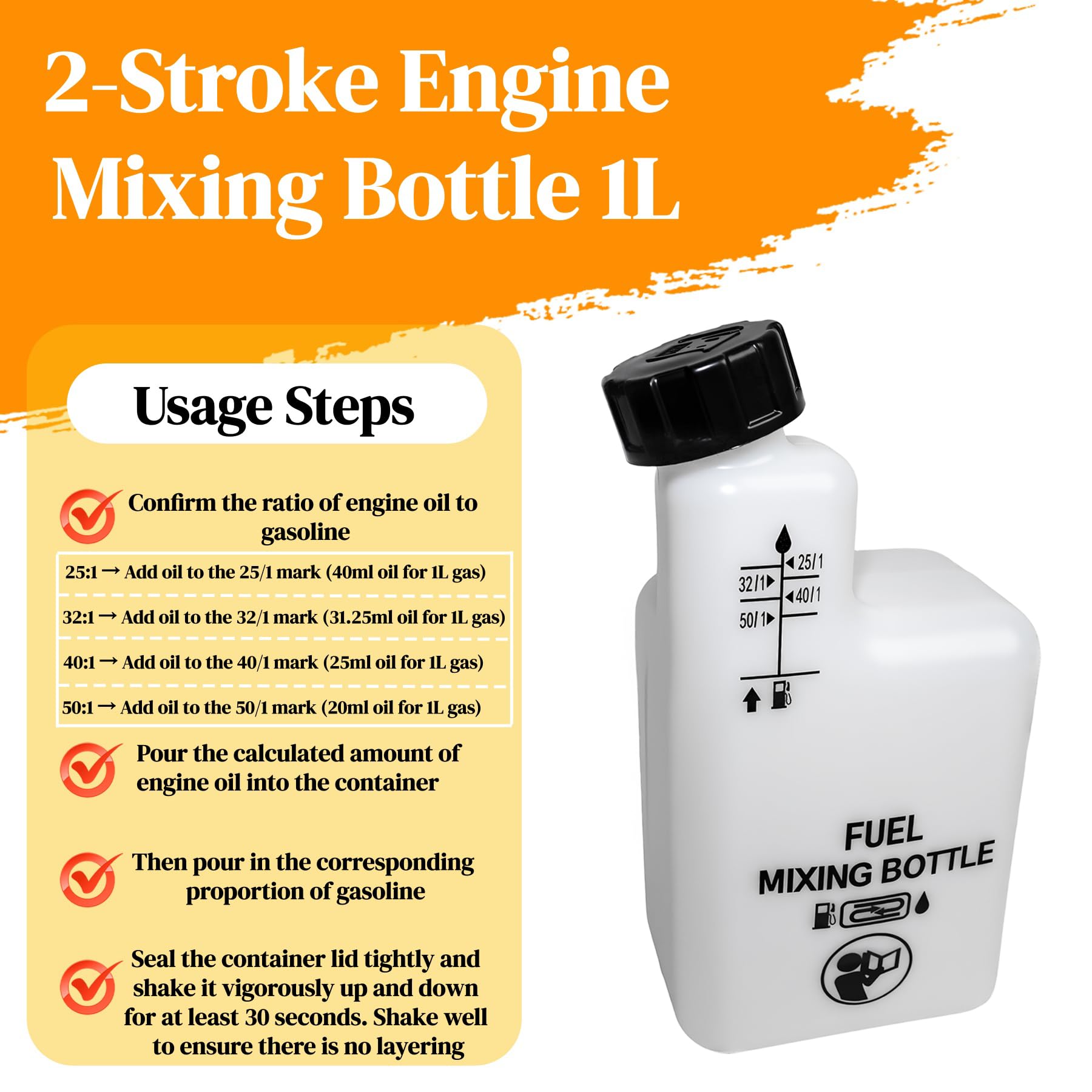 Botella mezcladora de aceite combustible de motor de 2 tiempos de 1 litro para motosierra, cortadora de césped, desbrozadora 32:1/50:1/40:1/25:1 (blanco-1L)