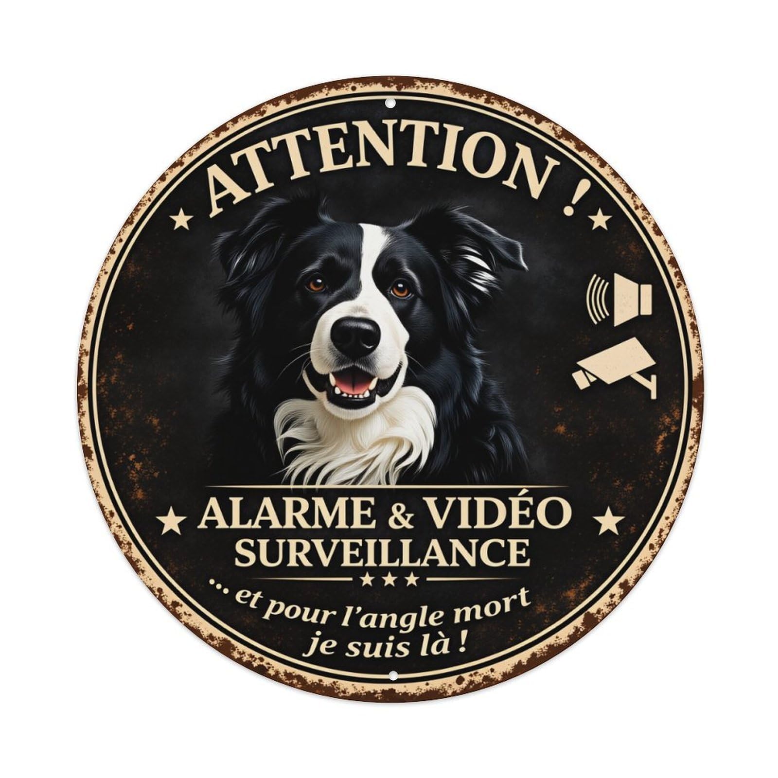 Attention Alarm Video Surveillance Dog Round Tin Sign Vintage Style Metal Sign Home Bar Garden Wall Plaque Decor Metal Poster 8x8 Inch