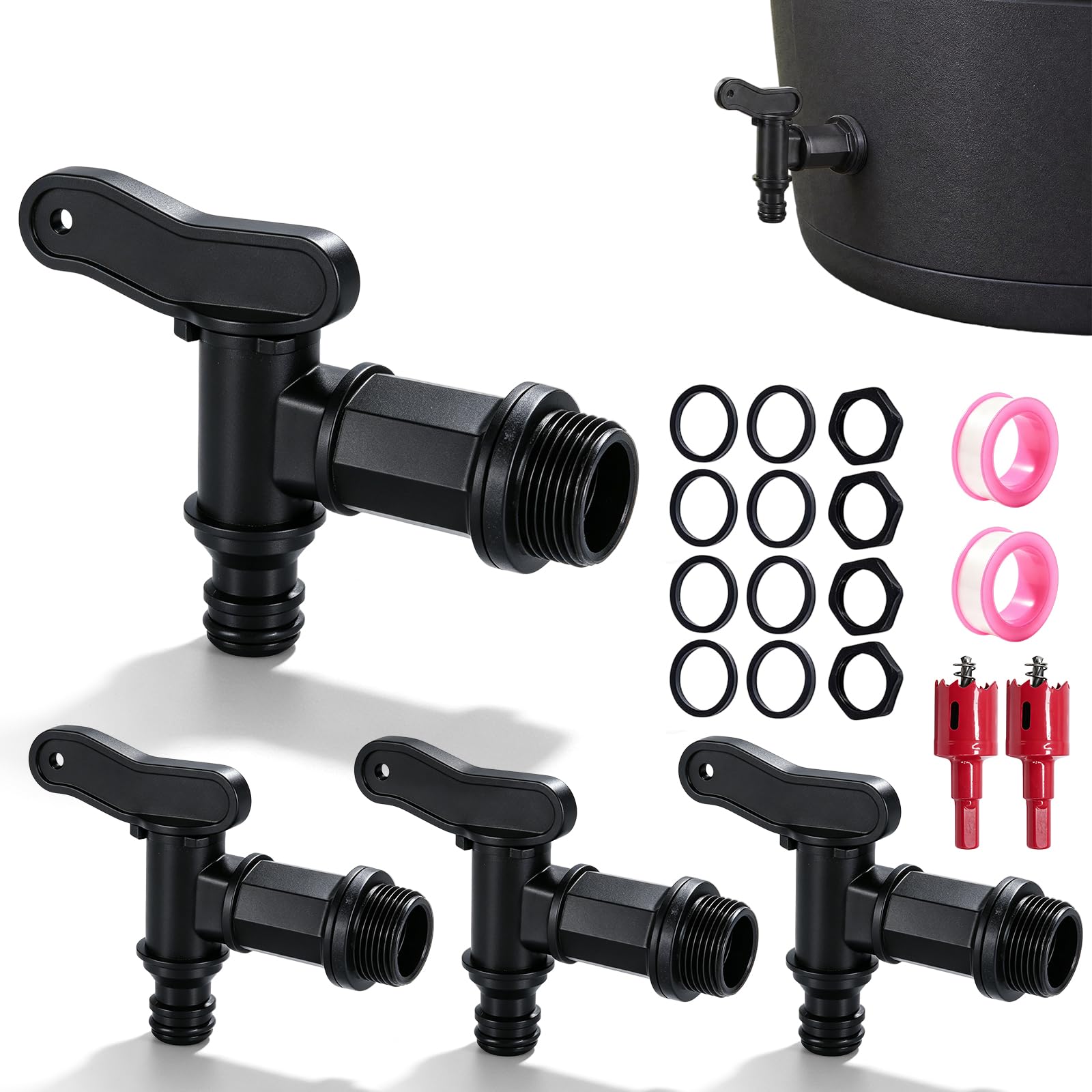 Pack of 4 Drain Tap Water Butt 3/4 Inch, Plastic Replacement Tap with Seal, Outlet Tap for IBC Water Tank, Rainwater Barrel