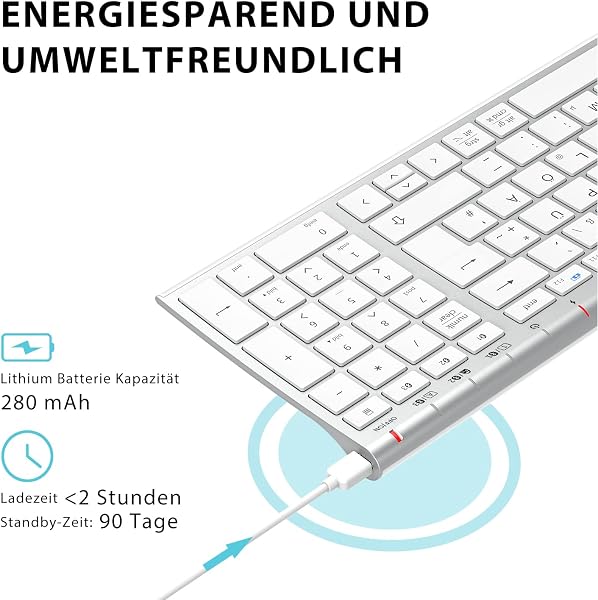 iClever Bluetooth Keyboard, BK10 Wireless Keyboard with 3 Bluetooth Channels, Ultraslim Rechargeable QWERTZ German Wireless Keyboard for Windows PC, Linux, Chrome, Mac, White Keys - 5