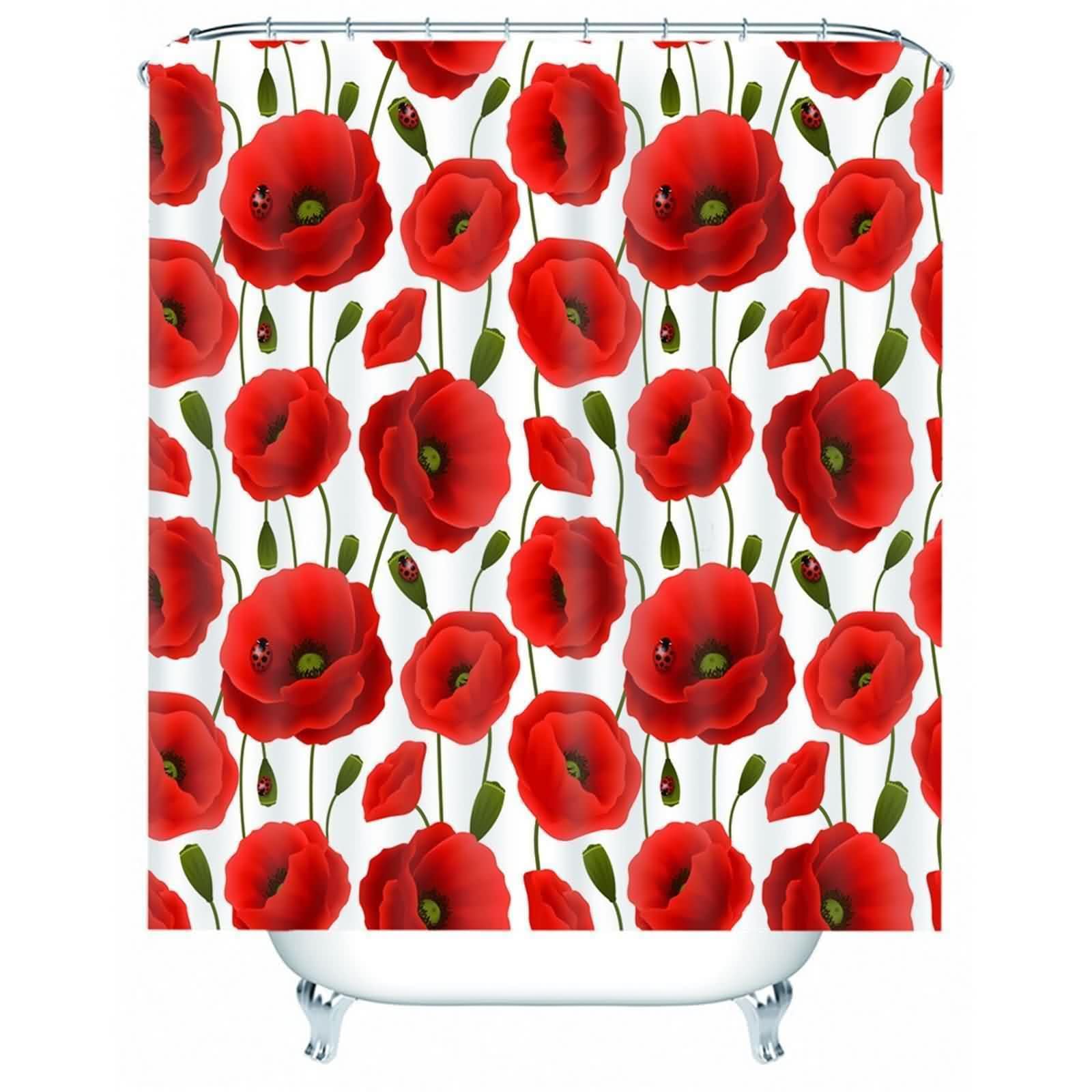 Rideau de douche rouge lavable motif fleurs en polyester durable