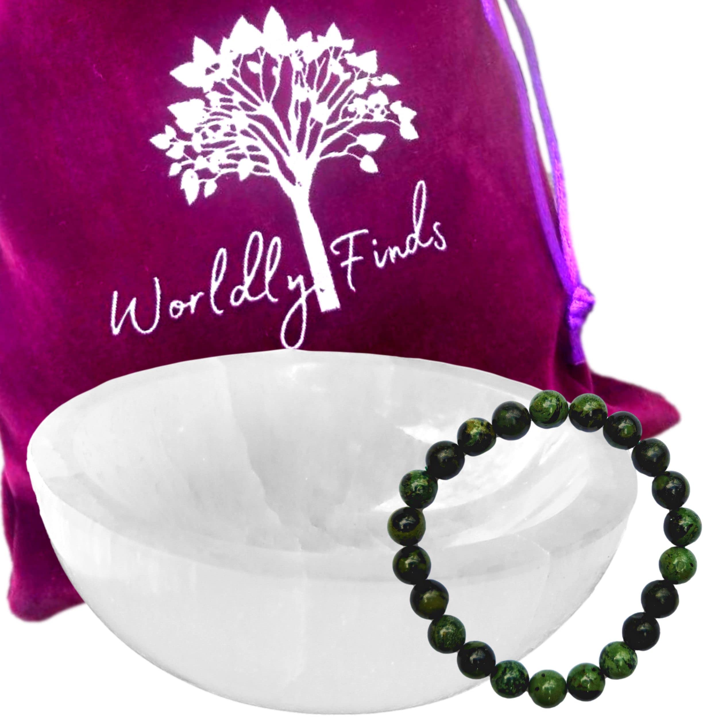 Genuine Selenite Charging Bowl & Bonus Crystal Bracelet - Polished Thickly Hand-Carved, Moroccan Crystal Holder to Charge, Cleanse Crystals, Smudging Bowl, Spiritual Gifts Set (Kambaba Jasper)