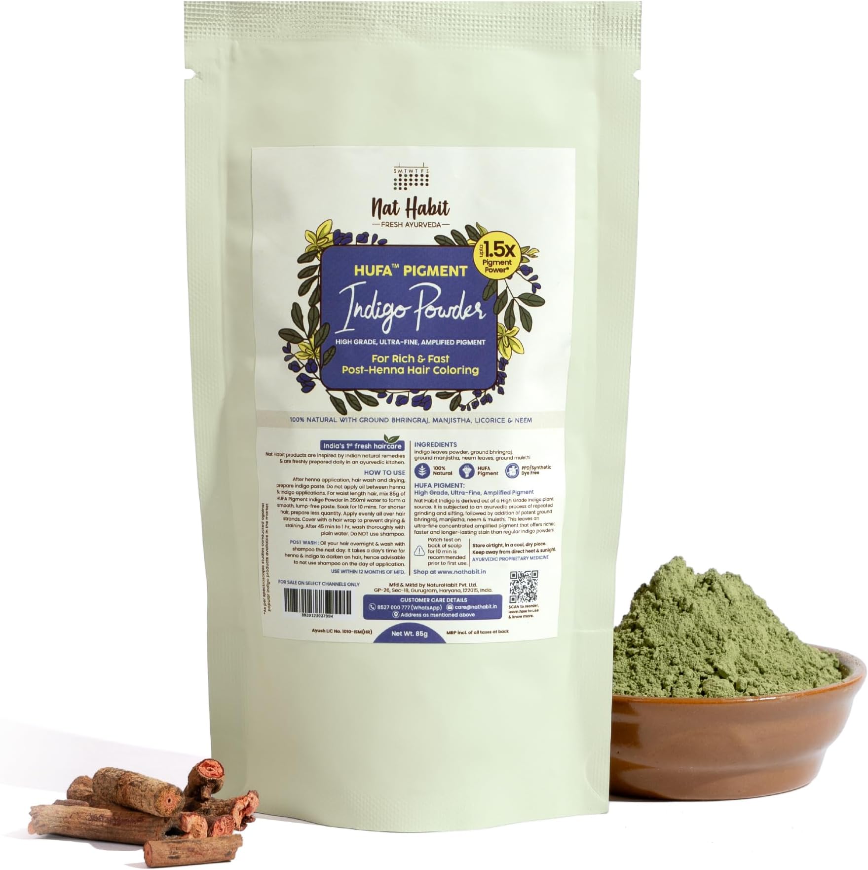 Nat Habit Organic Indigo Powder, Natural Hair Color for Black Hair, HUFA, Indigo Leaf Powder for Rich and Fast Post-Henna Coloring, Chemical Free (Pack of 1 X 85g)