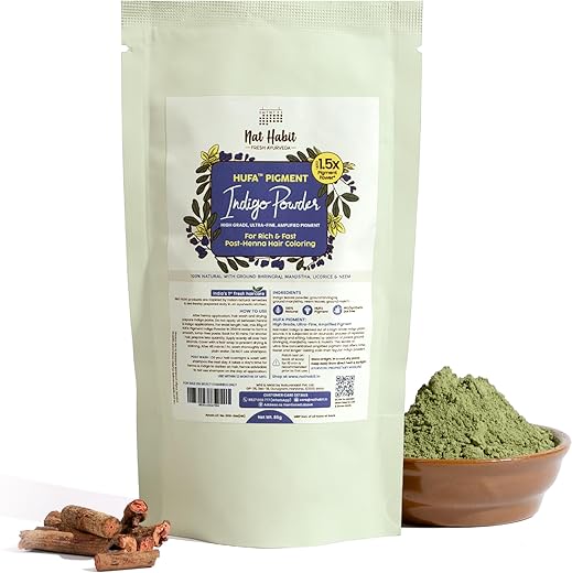 Nat Habit Organic Indigo Powder, Natural Hair Color for Black Hair, HUFA, Indigo Leaf Powder for Rich and Fast Post-Henna Coloring, Chemical Free…
