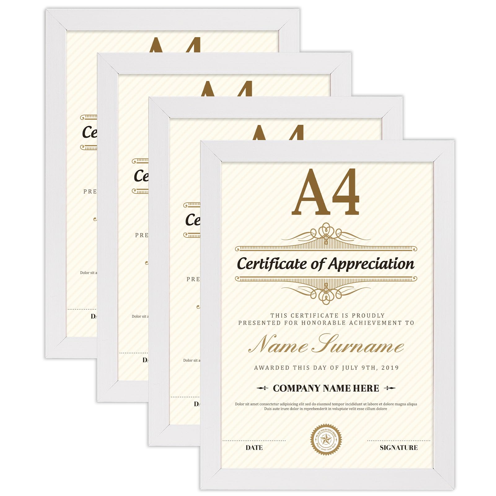 EXYGLO Juego de 4 Marco A4(21x29,7 cm), Blanco Marcos para Cuadros Multiples, De Pie Vertical u Horizontal, para Decorar Salones, Pasillos, Dormitorios, Oficinas, para Mesa y Pared