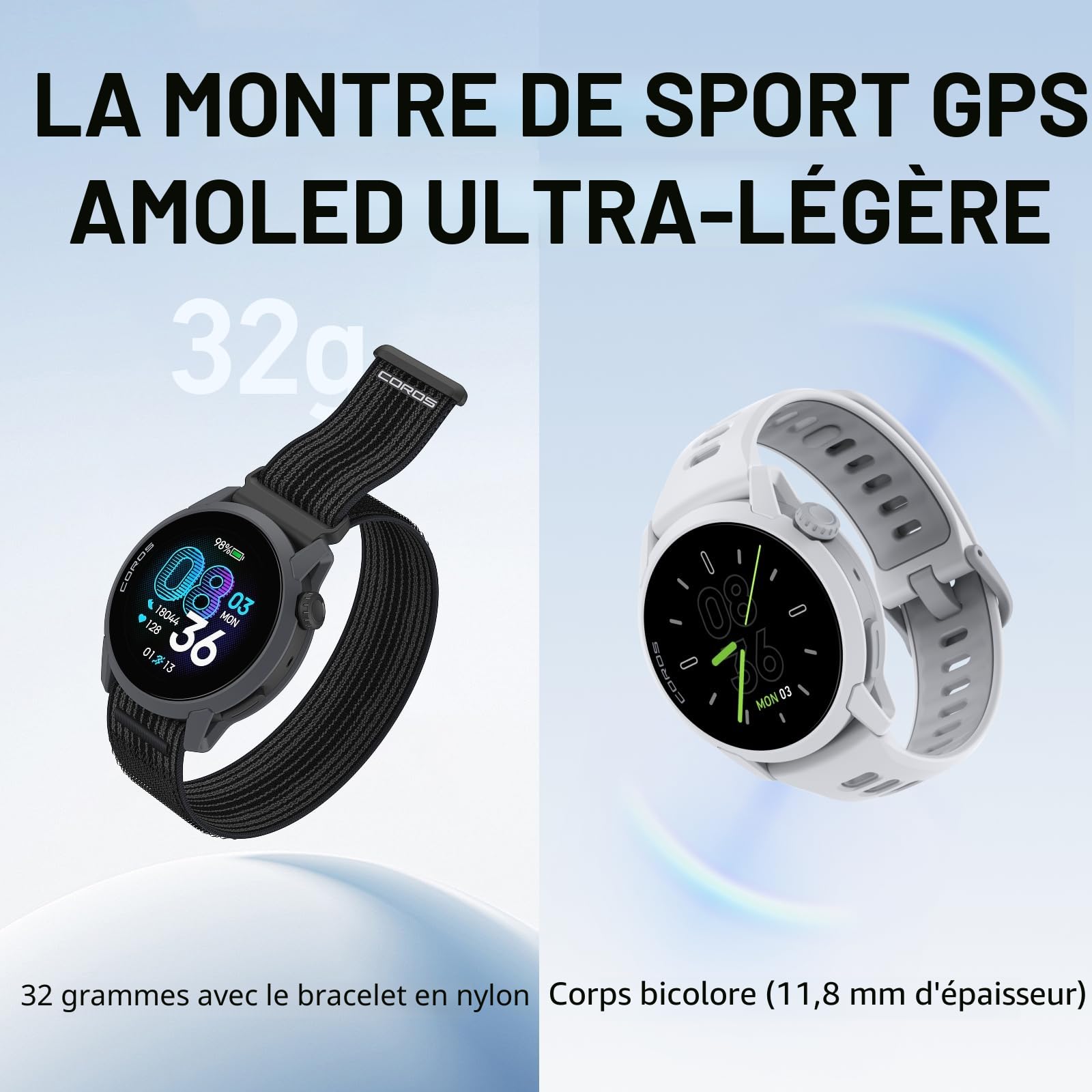 COROS Pace 4 Montre Sport Ultralégère, Écran Tactile AMOLED 1,2", 32g Montre Running, 19 Jours d'usage, Contrôle Vocal, Outils d'entraînement, GPS précis, Plan d'entraînement (Nylon Noire)