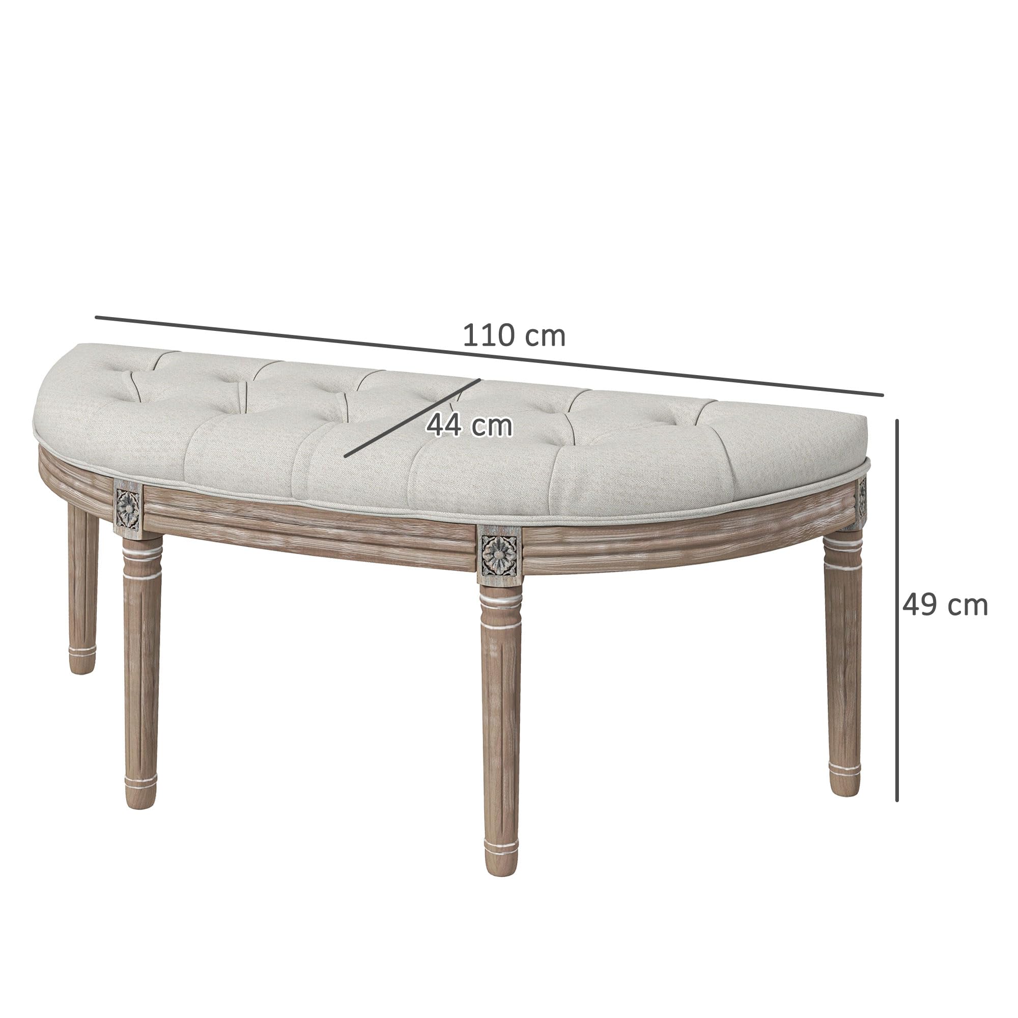 HOMCOM Banc Bout de lit Banc d'entrée en Forme Demi-Lune Capitonnée Crème | Banquette, Style Louis XVI, Structure en Bois Massif Sculpté Patiné, Siège en Tissu Aspect Lin
