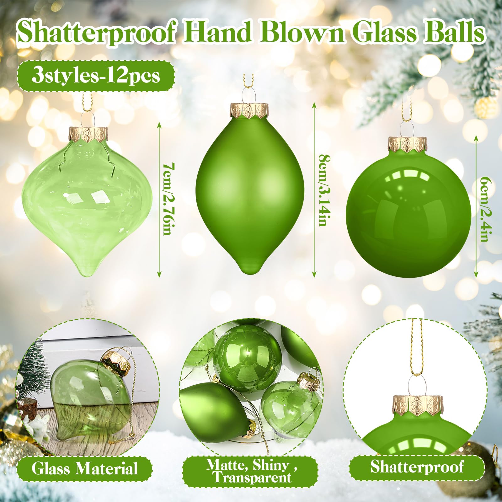Zomiboo Lot de 12 boules de Noël en verre vert citron 8 cm | 3 styles d'ampoules en verre incassables à suspendre, ampoules légères en verre, pour décorations d'arbre de Noël, cadeaux