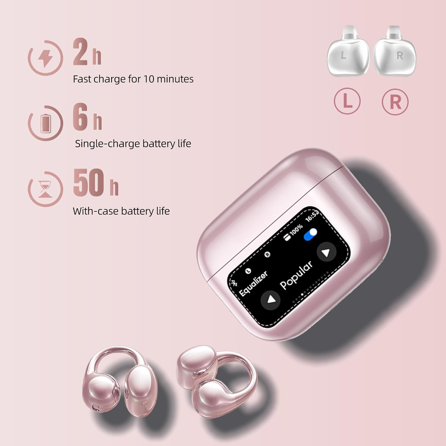 Open Ear Earbuds,Clip On Earbuds Wireless Bluetooth 6.0 with LCD Touchscreen, Lightweight Comfort Bone Conduction Headphones for Sports, Fitness, and Workouts, Rose Gold - Image 6