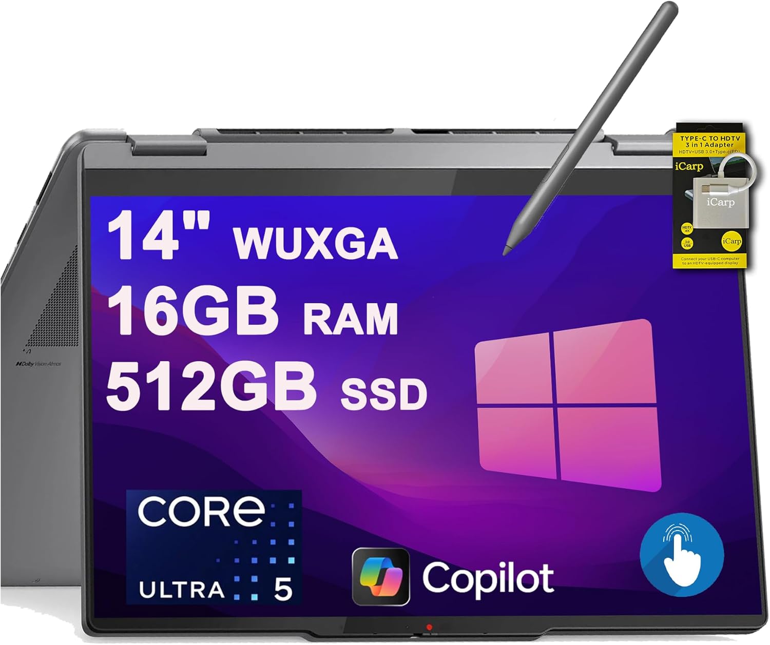 Lenovo Yoga 7 2-in-1 Laptop 14" WUXGA OLED Touch (600nits HDR) Intel 8-core Ultra 5 226V Up to 40 Tops (>Ryzen 5 AI 340) 16GB RAM 512GB SSD Pen for Creator Business Professional Win11 ICP Hub Copilot