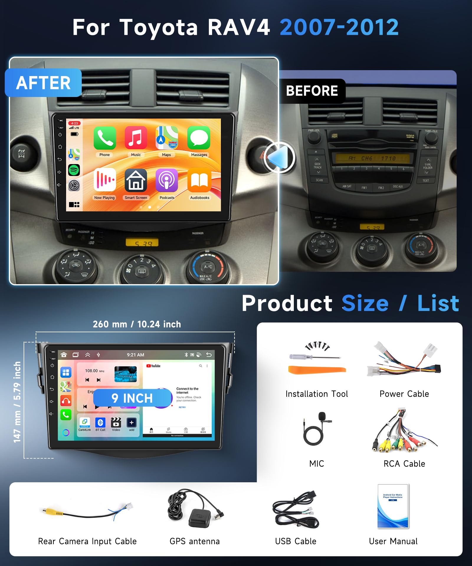 6G+128G 8 Core Rimoody Android Autoradio per Toyota RAV4 2007-2012 9" Stereo Auto RAV4 con Carplay Android Auto Senza Fili Mirror Link Bluetooth FM/RDS/EQ/DSP WiFi GPS SWC Telecamera Posteriore