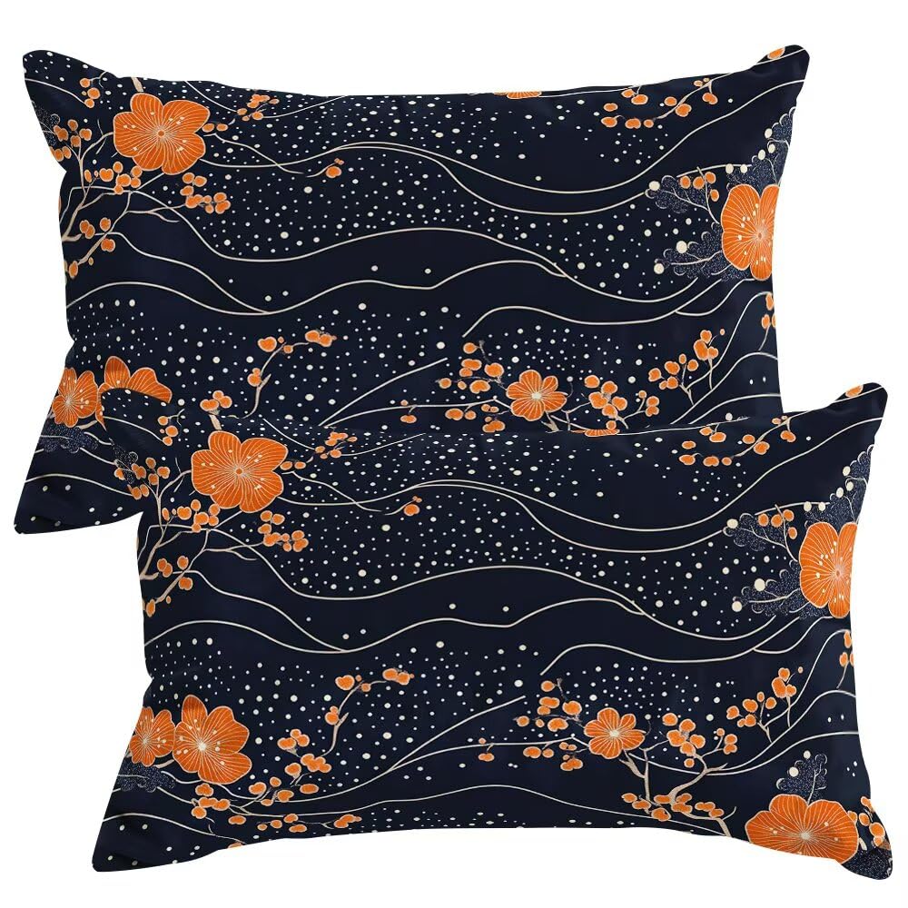 Set of 2 Velvet Cushion Covers 50x80 cm Orange Flowers Cushions Covers Decorative Throw Pillow Case Abstract Sofa Pillows 20x32 Inch Cushion Cover with Invisible Zipper for Livingroom Bedroom -SC395