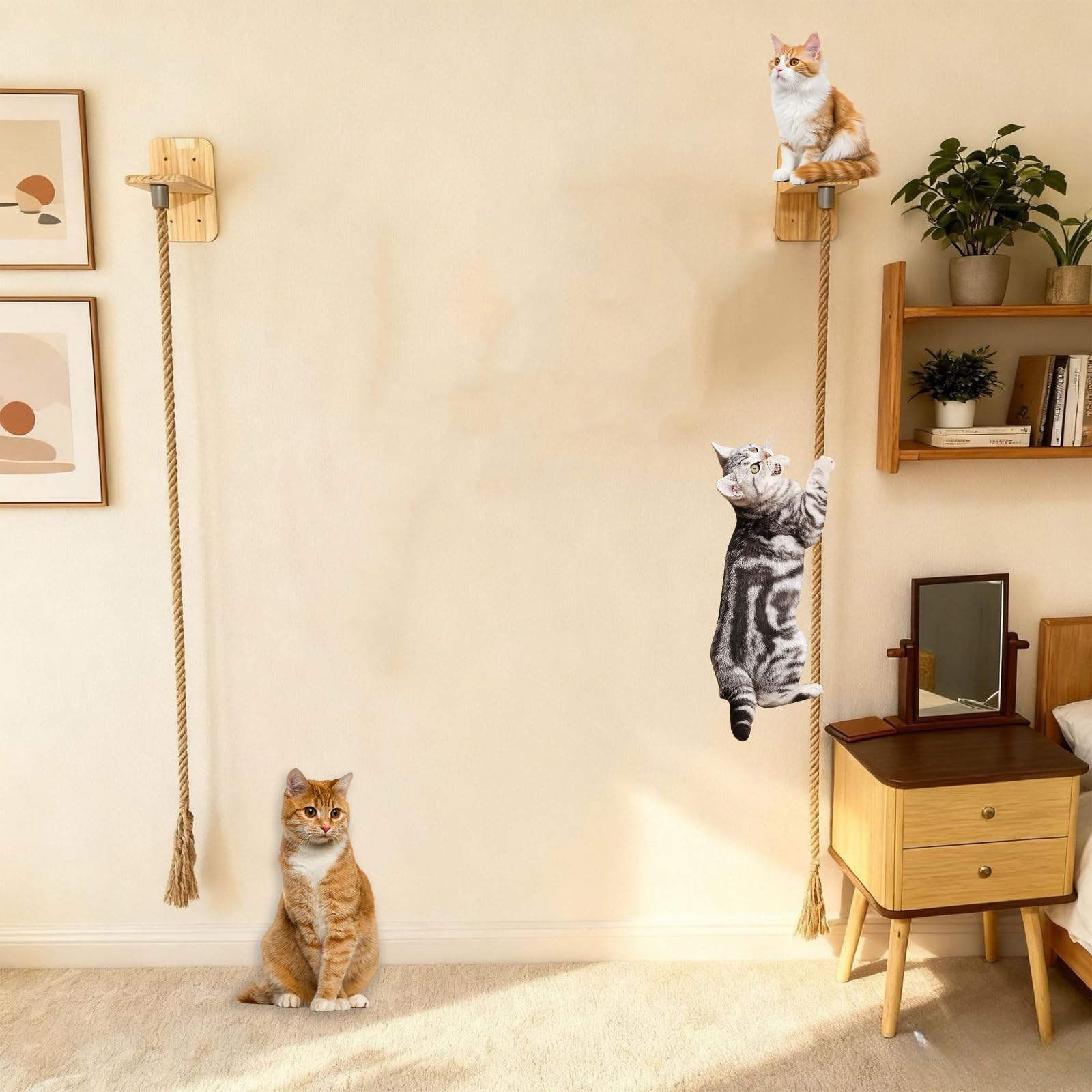 Corda da Arrampicata a Parete per Gatti, Cuscino per Saltare per Gattis, Mensole da Salto per Gatti con Ripiano di Riposo, Corda da Arrampicata per Gattis per Affilare gli Artigli, 1.7m