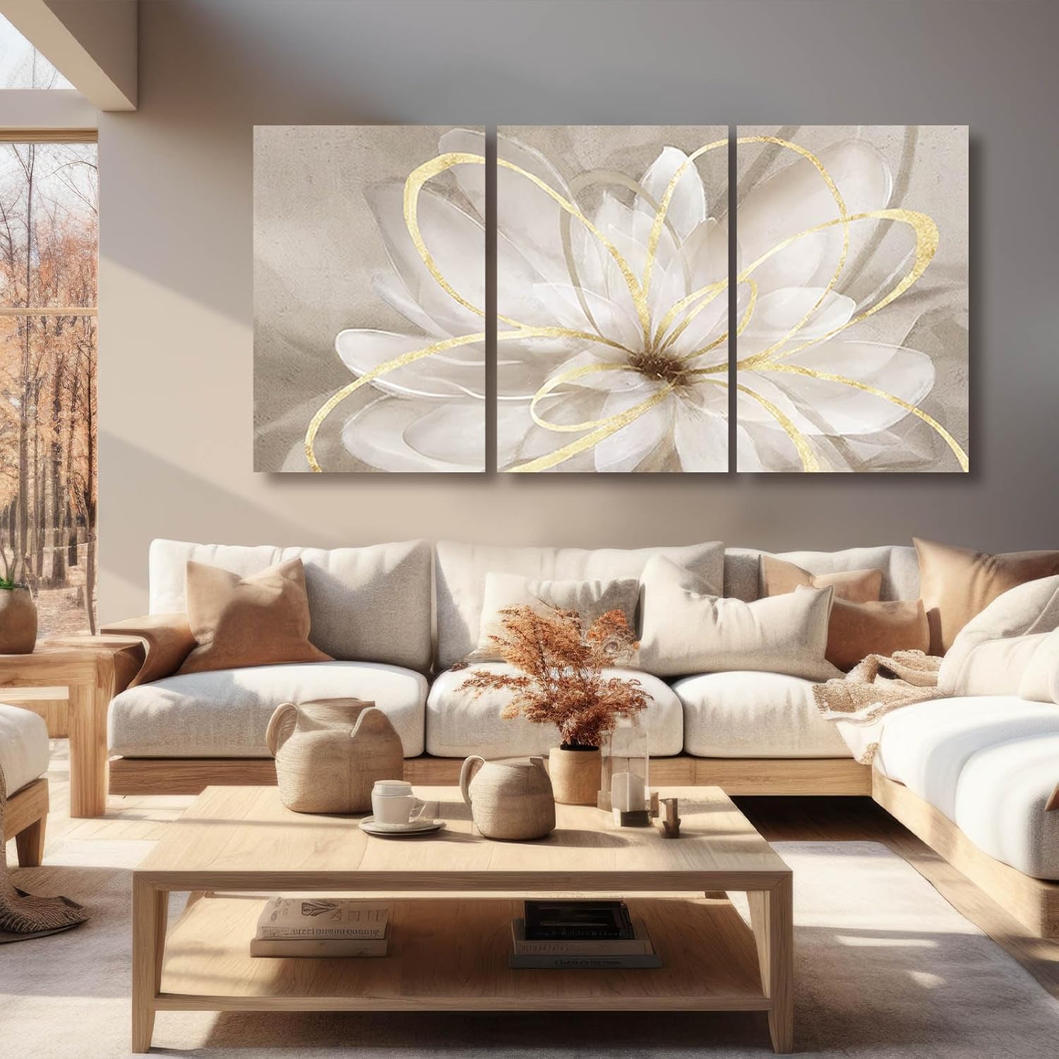 Kureful White Floral Wall Art Maximalist Decor 16"x 24"x 3 Pieces Flower Canvas Painting Wall Decor Gold Picture for Living Room Bedroom Home Decor 16"x24"x3 Gold