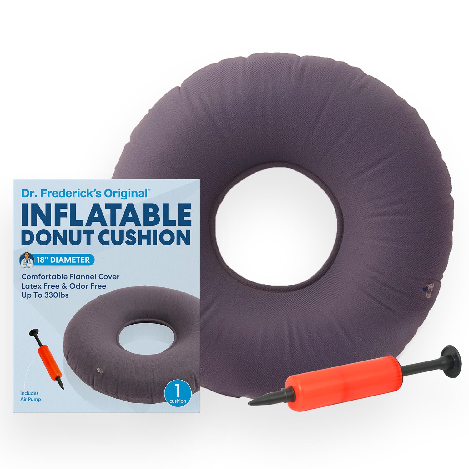 Dr. Frederick’s Original Inflatable Donut Pillow - 18" Seat Cushion for Tailbone Pain, Hemorrhoids & Bed Sores – Doctor-Developed for Postpartum, Prostatitis & Travel - Odor-Free, Durable Vinyl - Gray