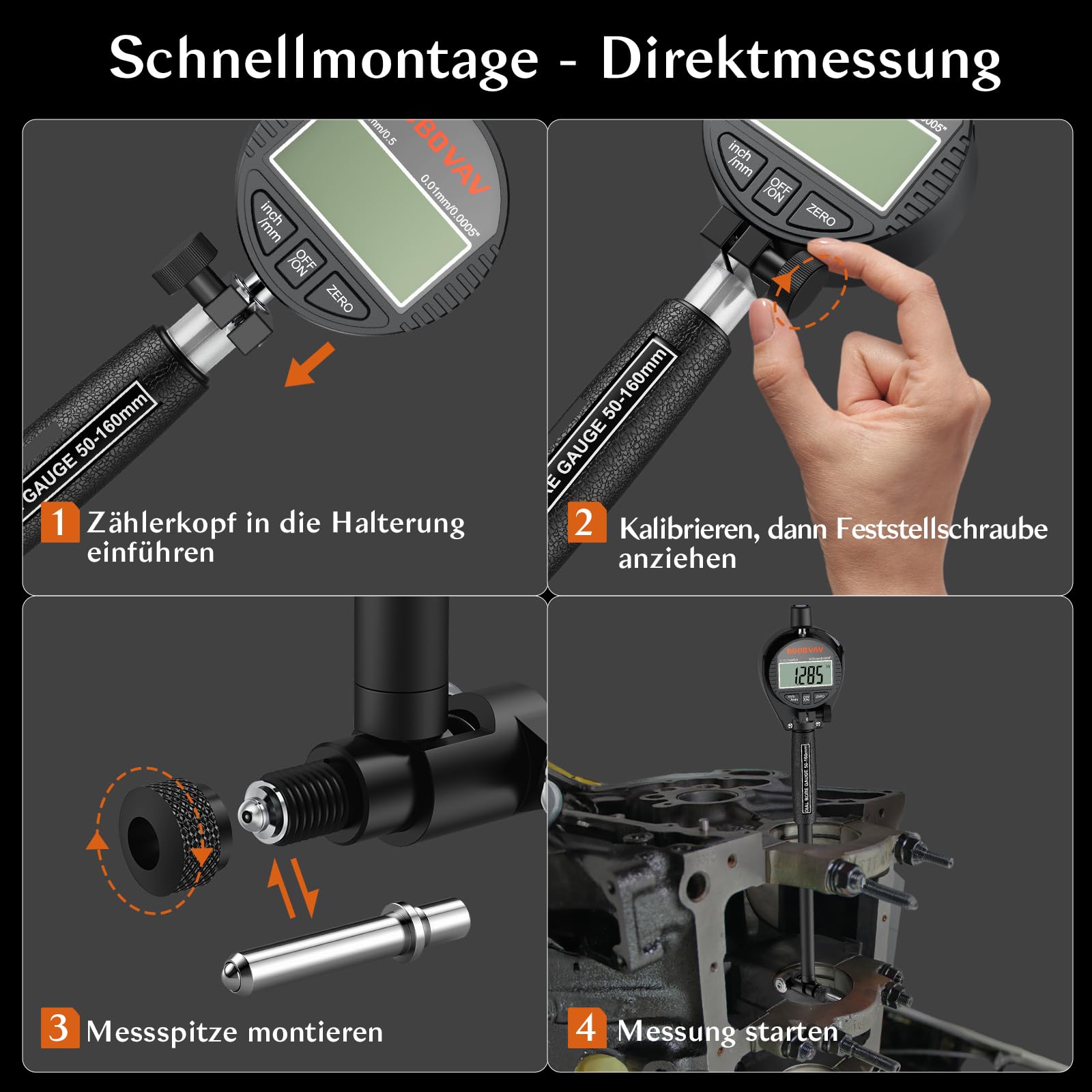 Digital Bohrungslehre Messuhr Set 50-160 mm, Innendurchmesser Messuhr Präzision 0,01 mm Zylinder Messuhr Metrisch/Zoll Anzeige mit 12 Messspitzen für Formabweichungen