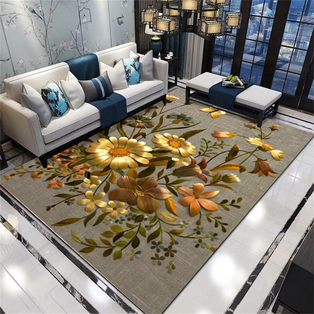 Tapis de salon à motif feuille et fleur pour créer un coin jeu bébé cocooning
