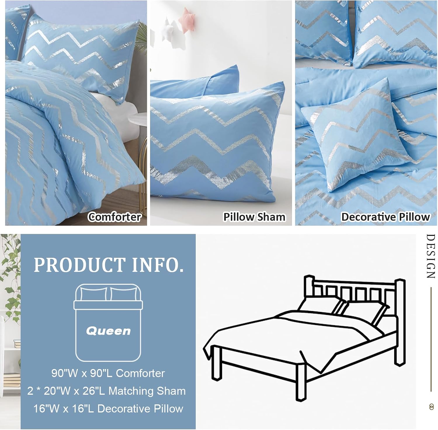 Menghomeus Blue/Silver Comforter Set 4 Piece Queen Size Bedding Set for Kid