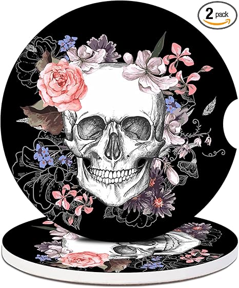 Cup Holders Car Coasters - Skull Flower Absorbent Ceramic Coaster, Drink Cup Holder Coasters, Auto Accessories for Women & Men, Pack of 2