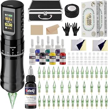 Solong Tattoo Kit Tattoo Machine Wireless with 1800mAh Power LED Display Rotary Tattoo Pen with 40pcs Tattoo Cartridges Needles and 7 Multicolor Ink SLE96EN01SUK-1