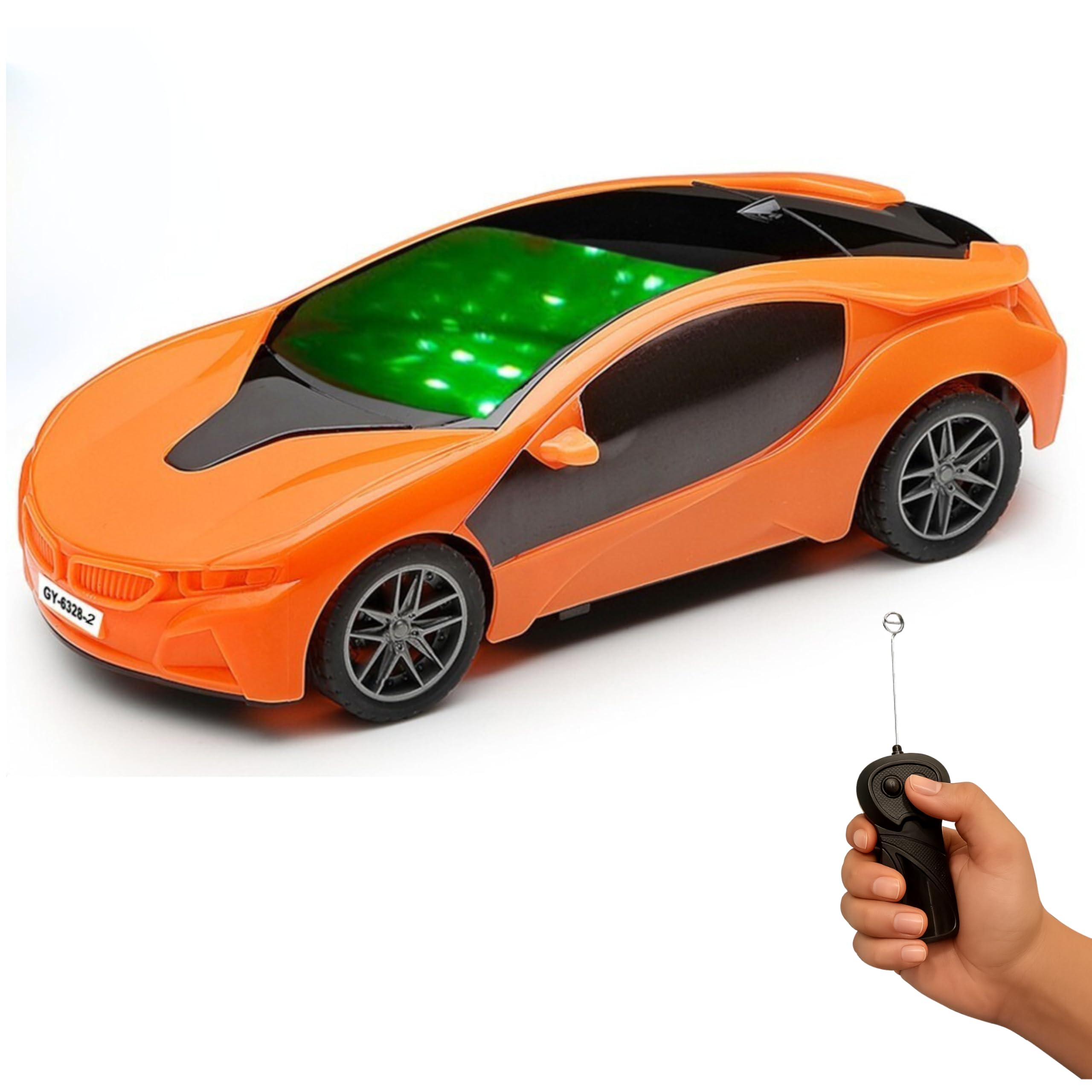 Gooyo 6328-2 Battery Operated 3D Lights Famous Remote Control High Speed Racing Car Toy for Kids | Orange Color, Power Source: 3xAA Battery in Car & 2xAA Battery in Remote Controller (Not Included)