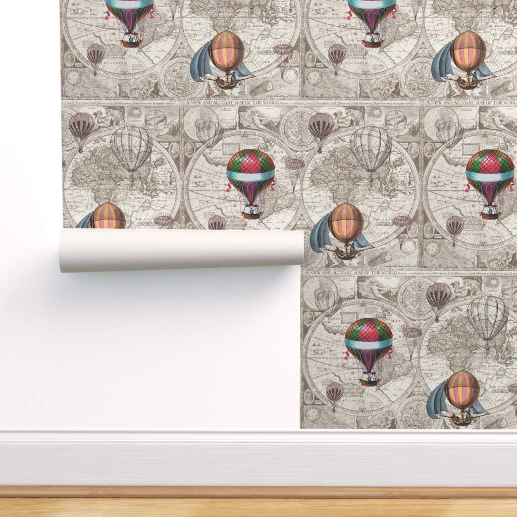 Peel & Stick Wallpaper 9ft x 2ft - Hot Air Balloons, Steampunk, Map Print, Vintage, Beige, Antique, Brown, World Travel Custom Removable Wallpaper by Spoonflower