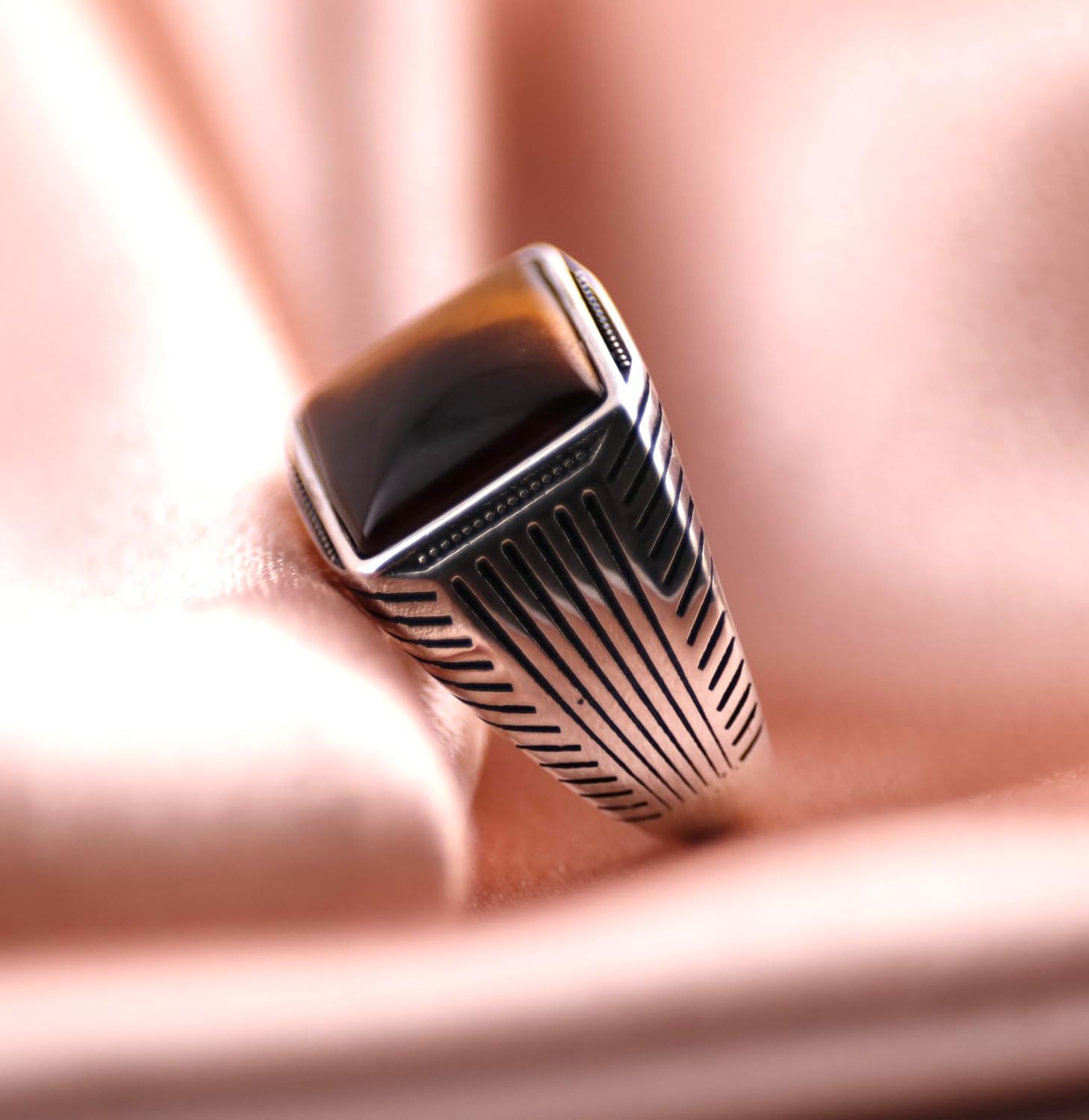 Opulent 925 Sterling Silver Tiger’s Eye, Onyx, or Turquoise Ring- Flat top Tiger's Eye- Goth, Signet and Turkish Men Ring for thumb, index, middle, ring, and pinky finger. Ausgust & December Birthstone