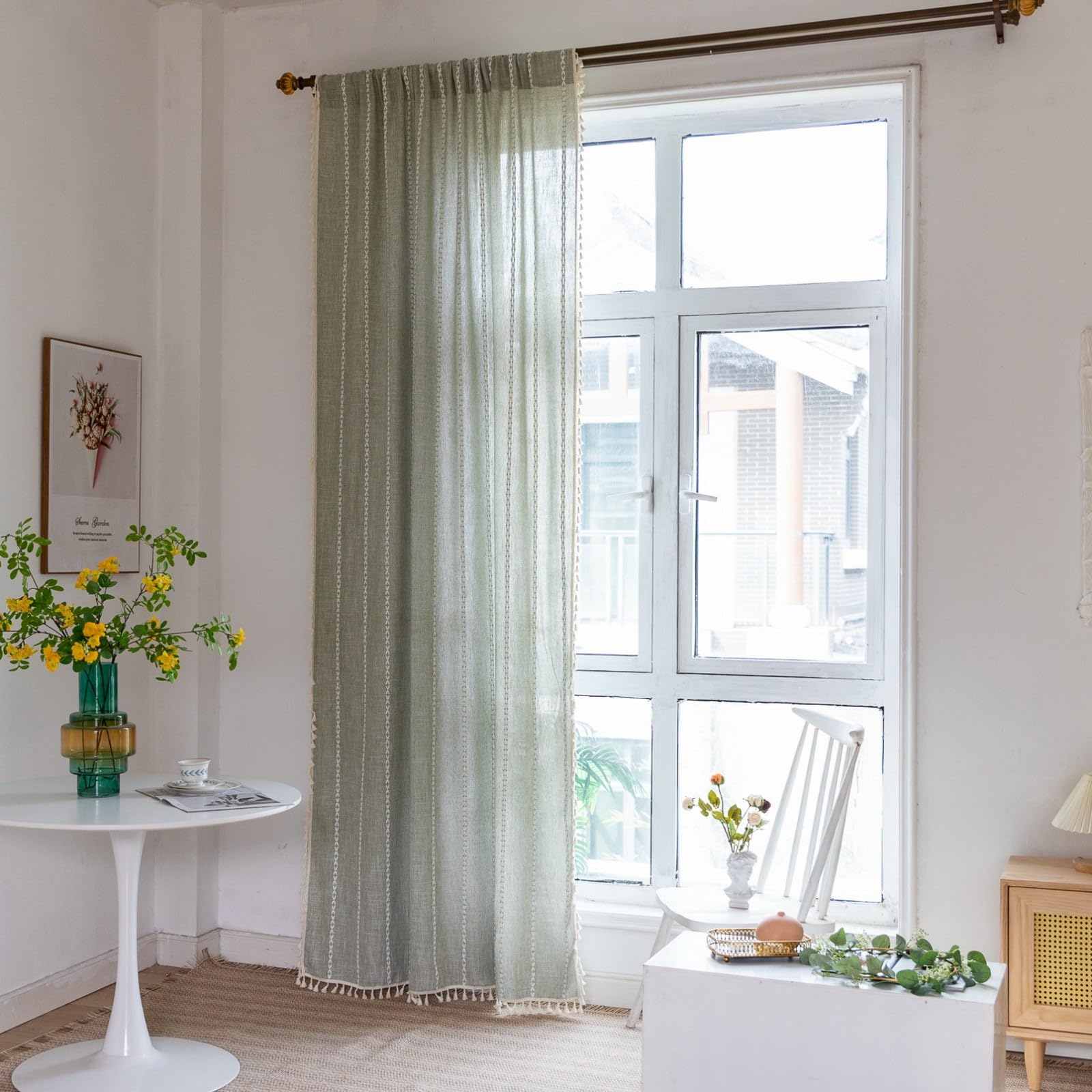 A.Monamour Tenda Interni Traslucido Semi Oscurante Boho Decorativo con Nappe a Righe Effetto Lino Tessuto Spesso Tende a Pannello Porta Finestra per Camera da Letto Soggiorno Cucina, 1 Pezzo, verde