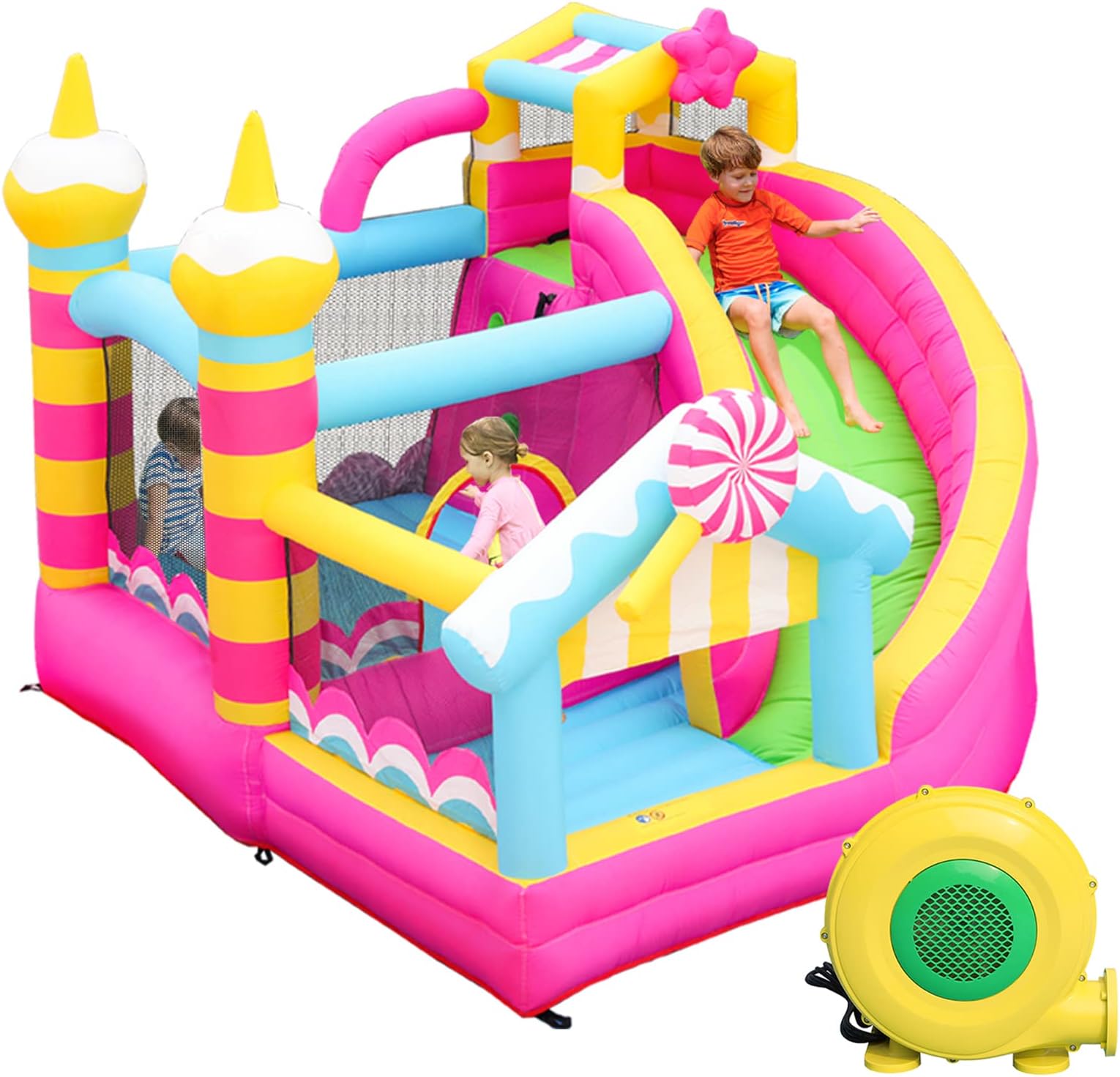 Bounce House for Kids, Inflatable Bouncy House, Indoor Toddler Bounce House, Pink Bounce House with Slide, Bouncy Castle for Backyard Outoodr, Jump House with 450W Blower