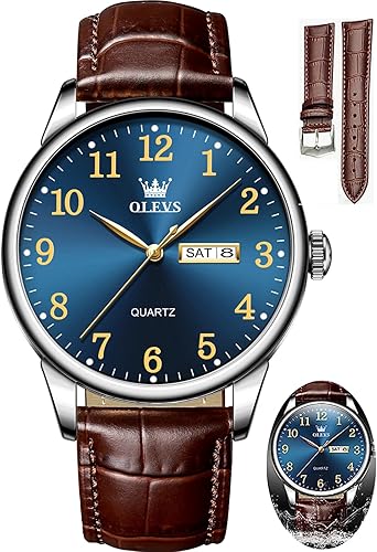 OLEVS Reloj para hombre, relojes para hombre, correa de cuero, reloj clásico de cuero marrón, reloj analógico, reloj de cuero negro para hombre,