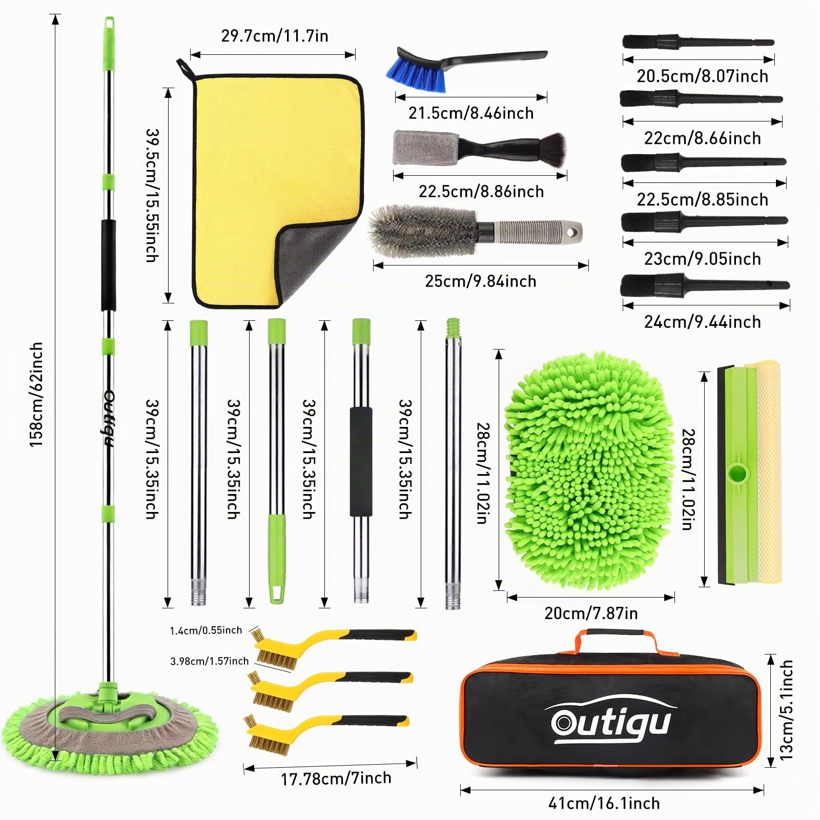 Kit de limpieza de coche, 62 pulgadas, guante de fregona con mango largo, juego de cepillos de detalles de coche, suministros completos de limpieza de coche