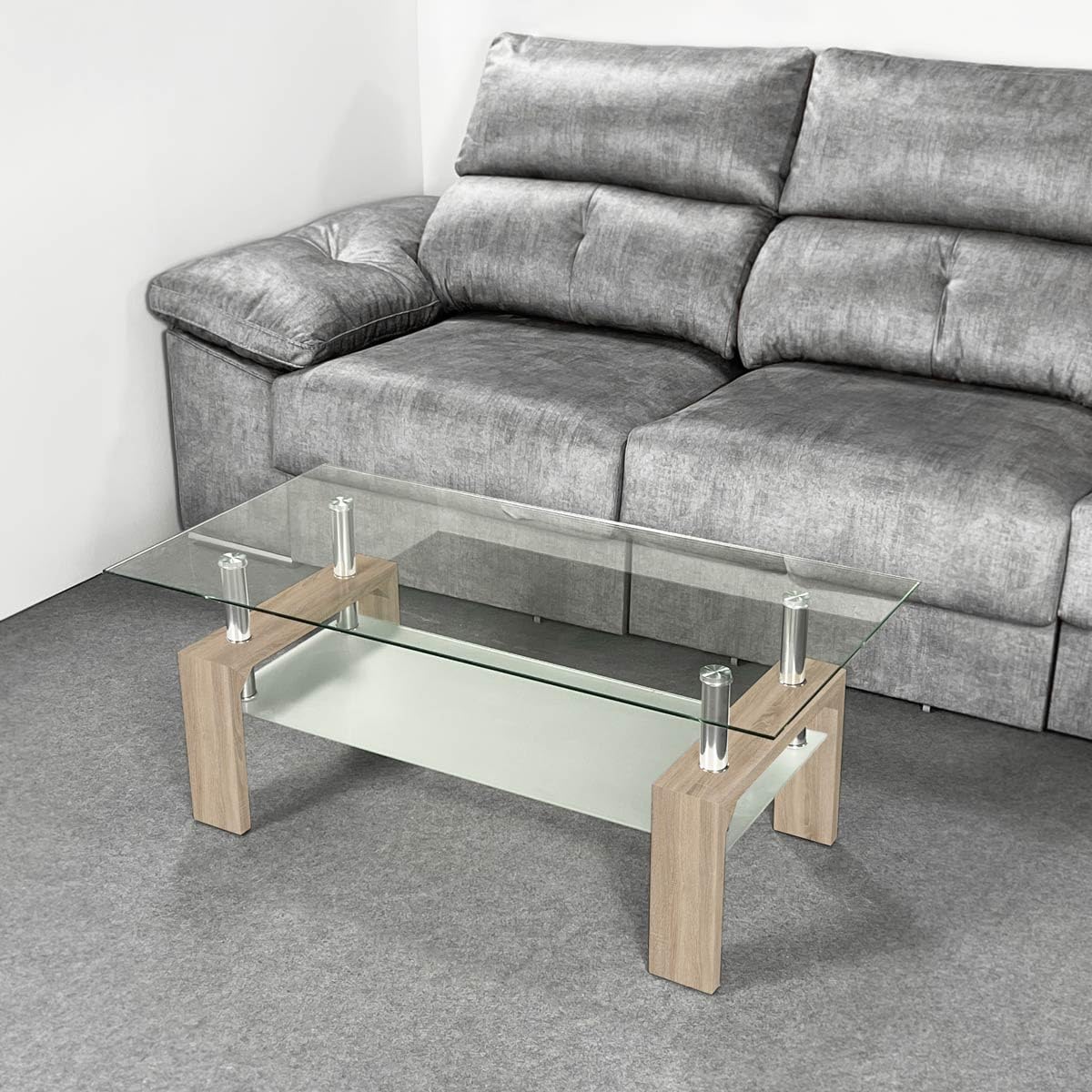 Homey - Mesa de Centro de Cristal, Mesita de Salón o Comedor, Modelo Tango, Acabado en Color Cambria, Medidas: 110 cm (Ancho) x 55 cm (Fondo) x 45 cm (Alto)