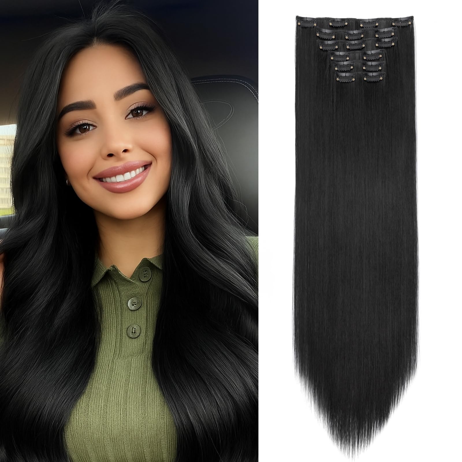 Benehair 24" Clip in Hair Extensions Full Head 6 Pcs 16 Clips Long Straight Hair Extensions Clip in Synthetic Fiber Natural Extension Black Hairpiece for Women(Black