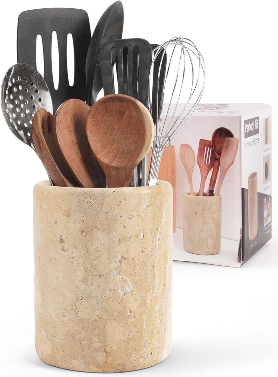 Marble Utensil Holder 6.5 Inch Travertine Utensil Caddy, Wooden Cooking Utensils Set & Spatula Organizer for Kitchen Counter Decor, Stone Crock for Spoon Holder & Farmhouse Decor