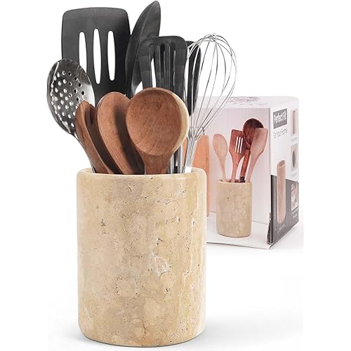 Christmas Utensil Holder 6.5 Inch Marble Utensil Caddy, Wooden Cooking Utensils Set & Spatula Organizer for Kitchen Counter Decor, Travertine Crock for Spoon Holder & Farmhouse Decor