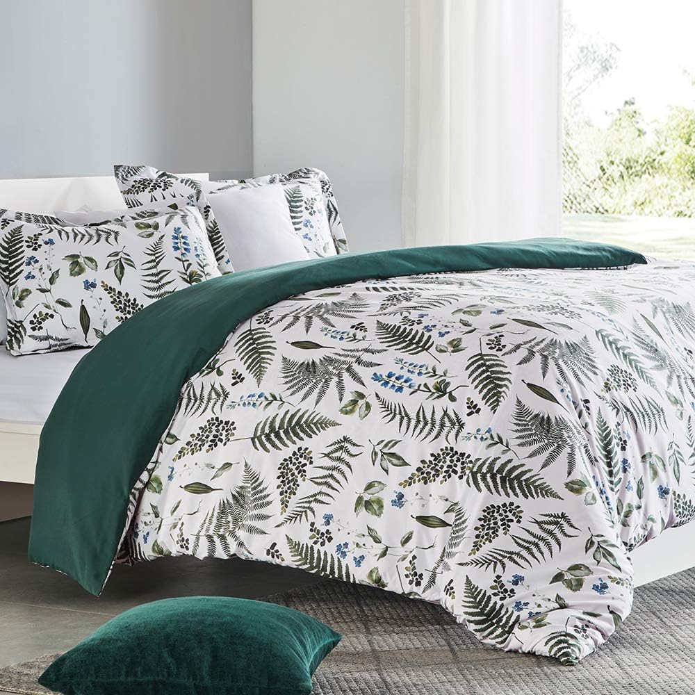 SLEEP ZONE Tropical Plants Duvet Cover Sets, 120gsm Ultra Soft Printed Farmhouse Bedding Set All Season with Zipper Closure 8 Corner Ties Green 2 Pillow Shams, Full
