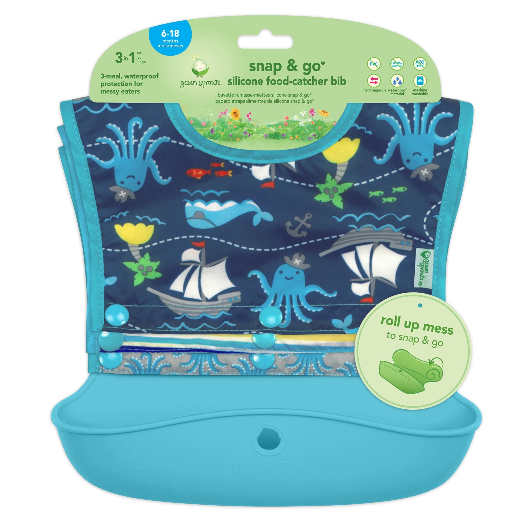 baby-boys 101246 Snap Go Silicone Food catcher Bib 4pc Aqua, Navy Pirates, 6-18mo