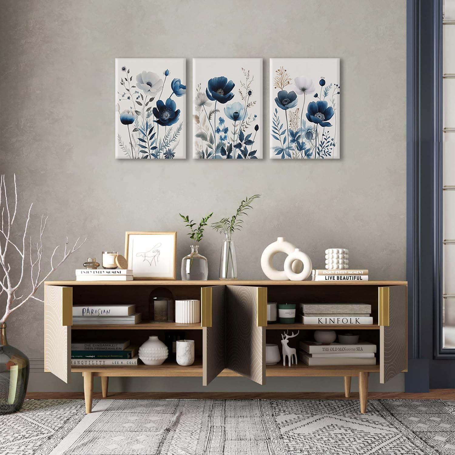 BingruiArt Navy Blue Canvas Wall Art Blue and Gray Boho Flower Wall Decor Floral Watercolor Art Prints Pictures Painting for Living Room Bedroom Bathroom 3Pcs 12x16in Framed
