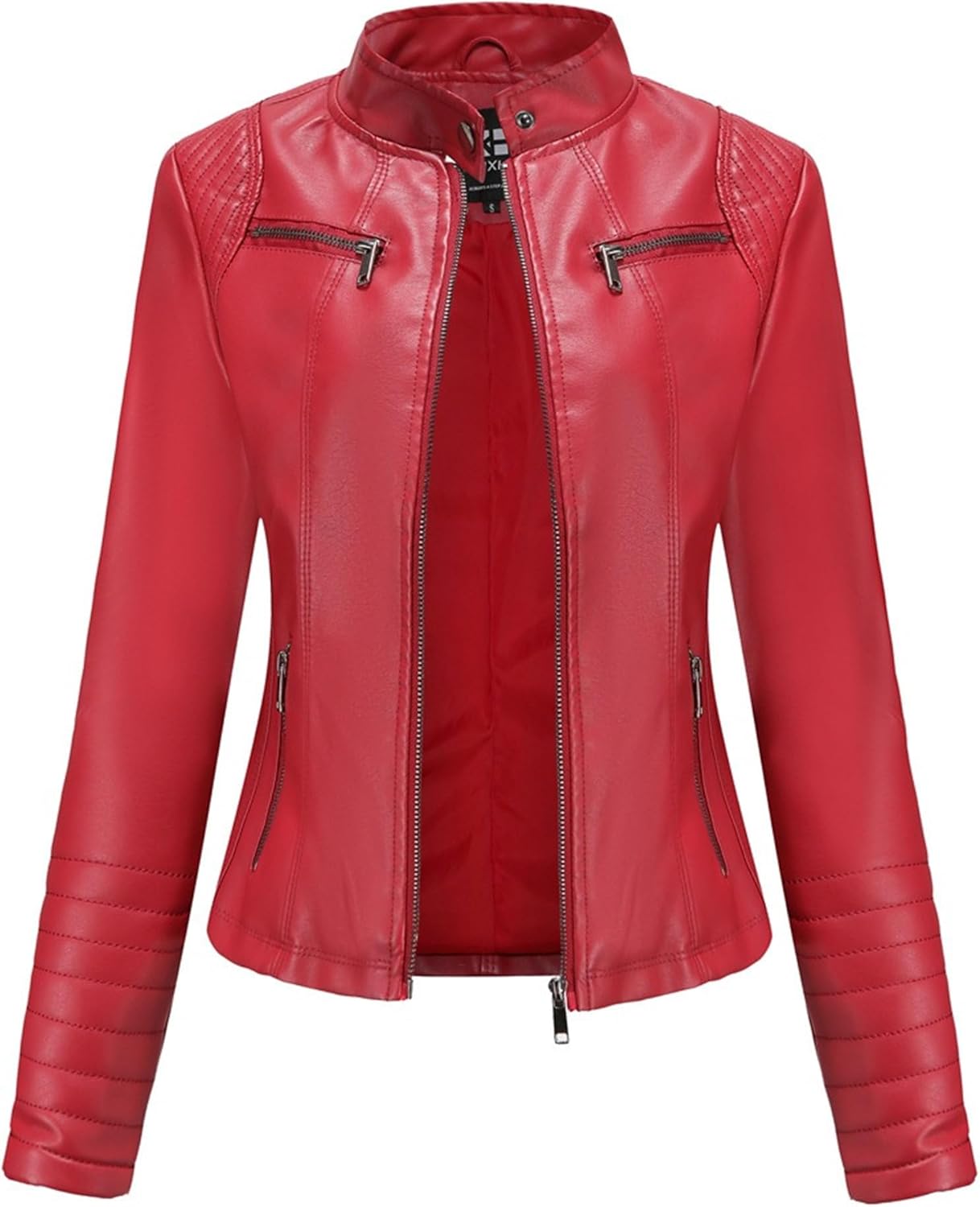 Women's Casual Zip Up Solid Motorcycle Jacket Faux Leather Slim Outdoor Coat Jacket Stand Collar Fashion Biker Coats