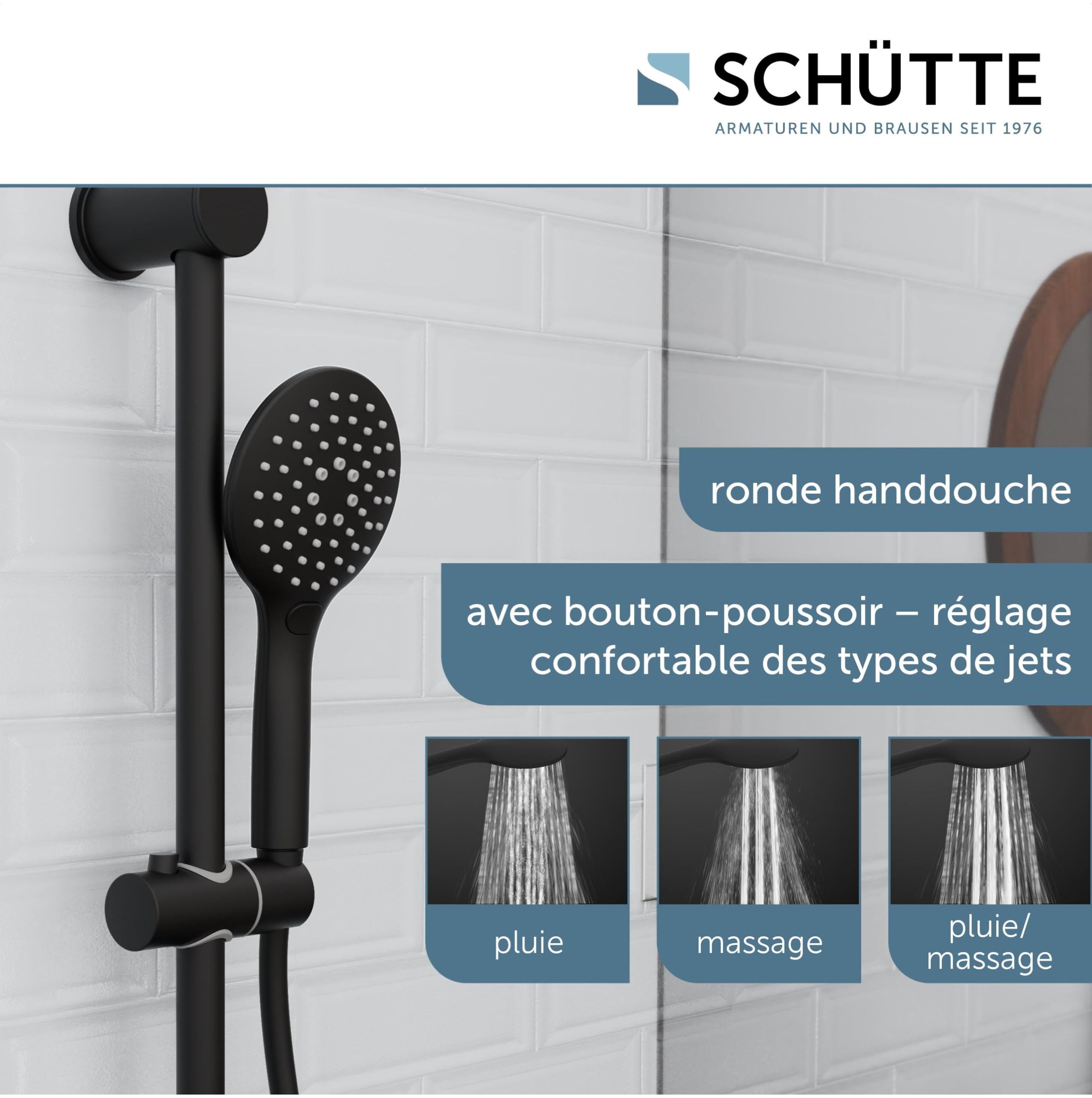 SCHÜTTE RAVEN Barre de Douche et Douchette à Main, Pommeau Avec 3 Positions de Réglage, Kit Avec Colonne, Panneau et Tuyau en Noir
