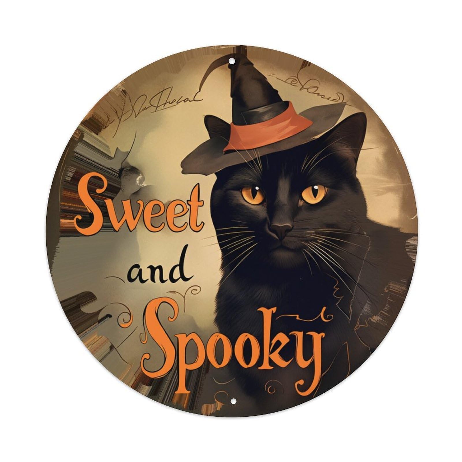 Black Cat Witch Hat Moon Background Round Tin Sign Retro Metal Sign for Cafe Bar Pub Home Game Room Gym Club Wall Decoration Vintage Metal Poster 8x8 Inch