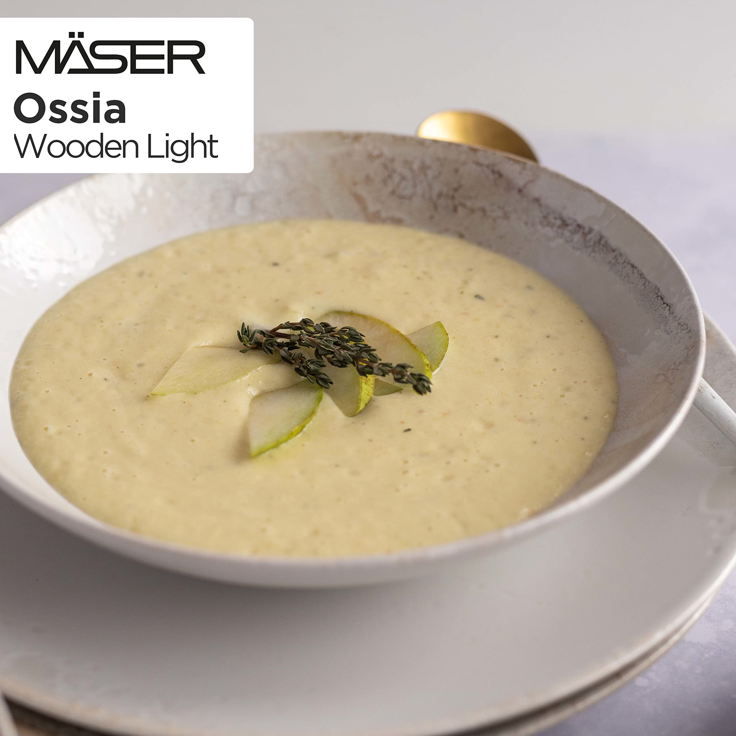 MÄSER 931948 Ossia Wooden Light, 7-teiliges Bowl Set aus Keramik, 1 Salat-Schüssel groß und 6 Schalen für Salat, Müsli, Suppe oder Pasta, Weiß dekoriert, Steinzeug
