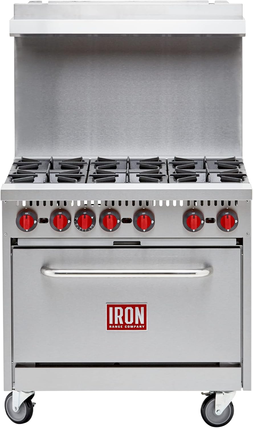 Iron Range IR-6B 36" Six Burner Commercial Gas Range with Oven Base, Stainless Steel, 210,000 BTU, ETL Listed