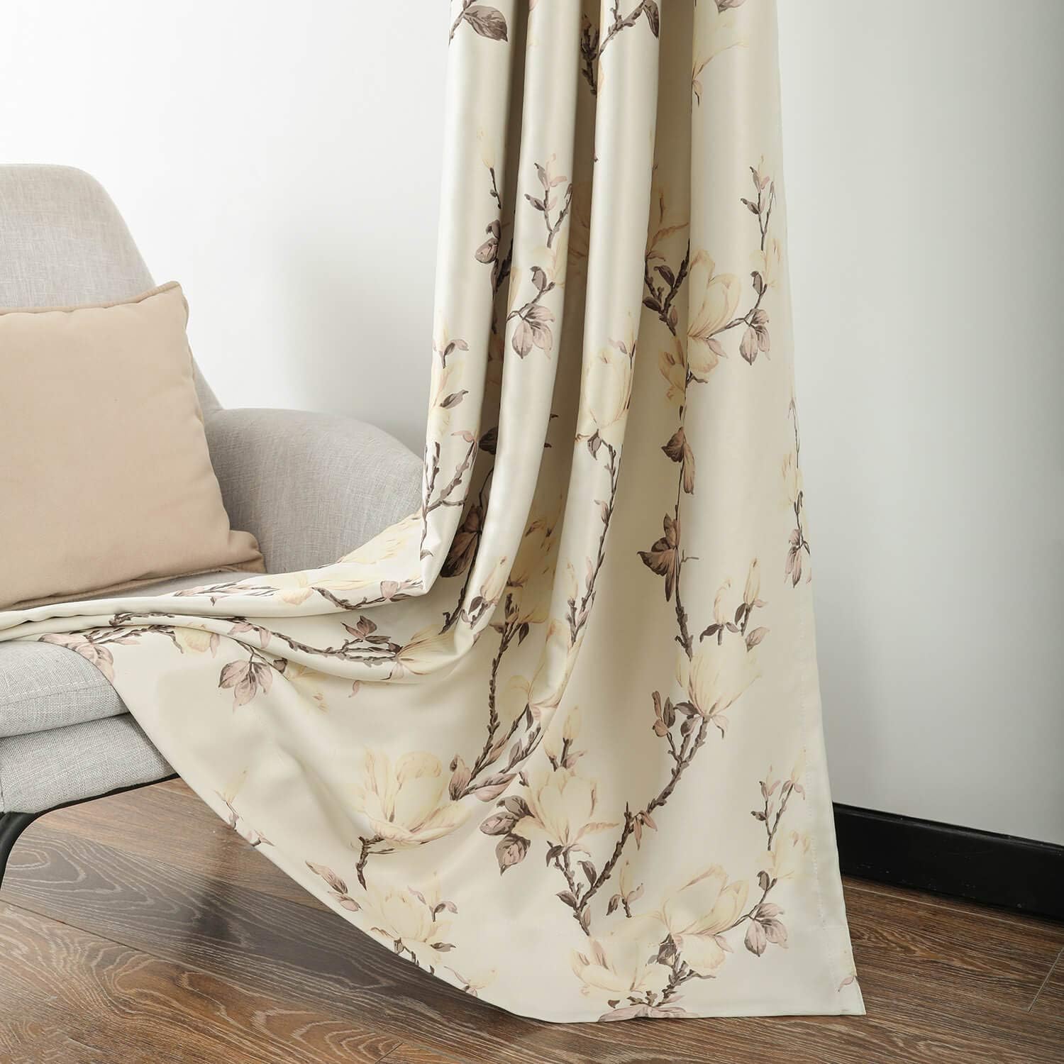 VOGOLGrommet Blackout Curtains for Living Room, Magnolia Flower Printed Thermal Insulated Room Darkening Window Drapes Curtains for Bedroom(52 x 84 Inch,2 Panels)
