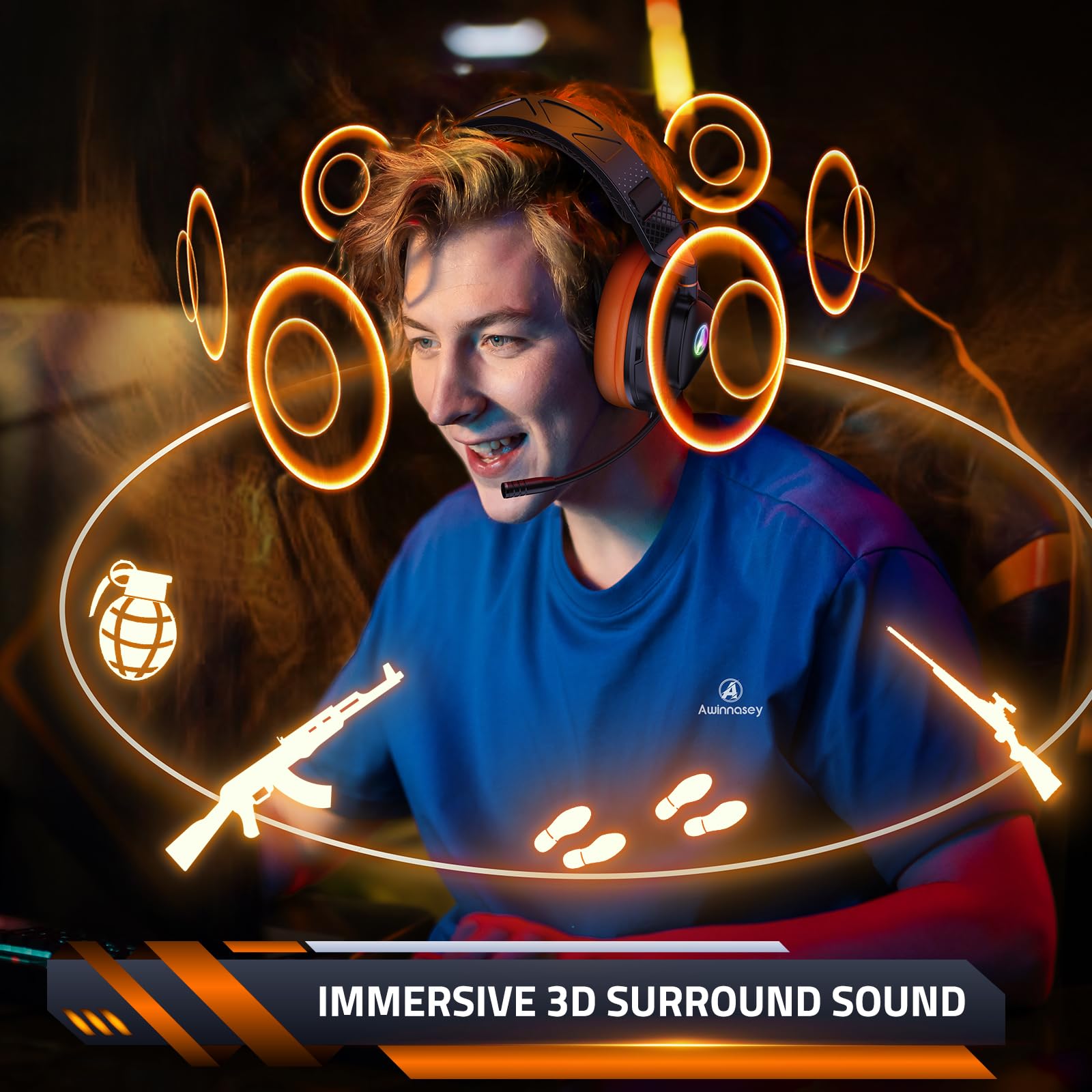 PH3 Kabelloses Gaming Headset für PS5, PS4, PC,Bluetooth-Kopfhörer mit 50 Stunden Akku, Gaming-Headset mit Mikrofon mit Geräuschunterdrückung,RGB Licht, Hellorange